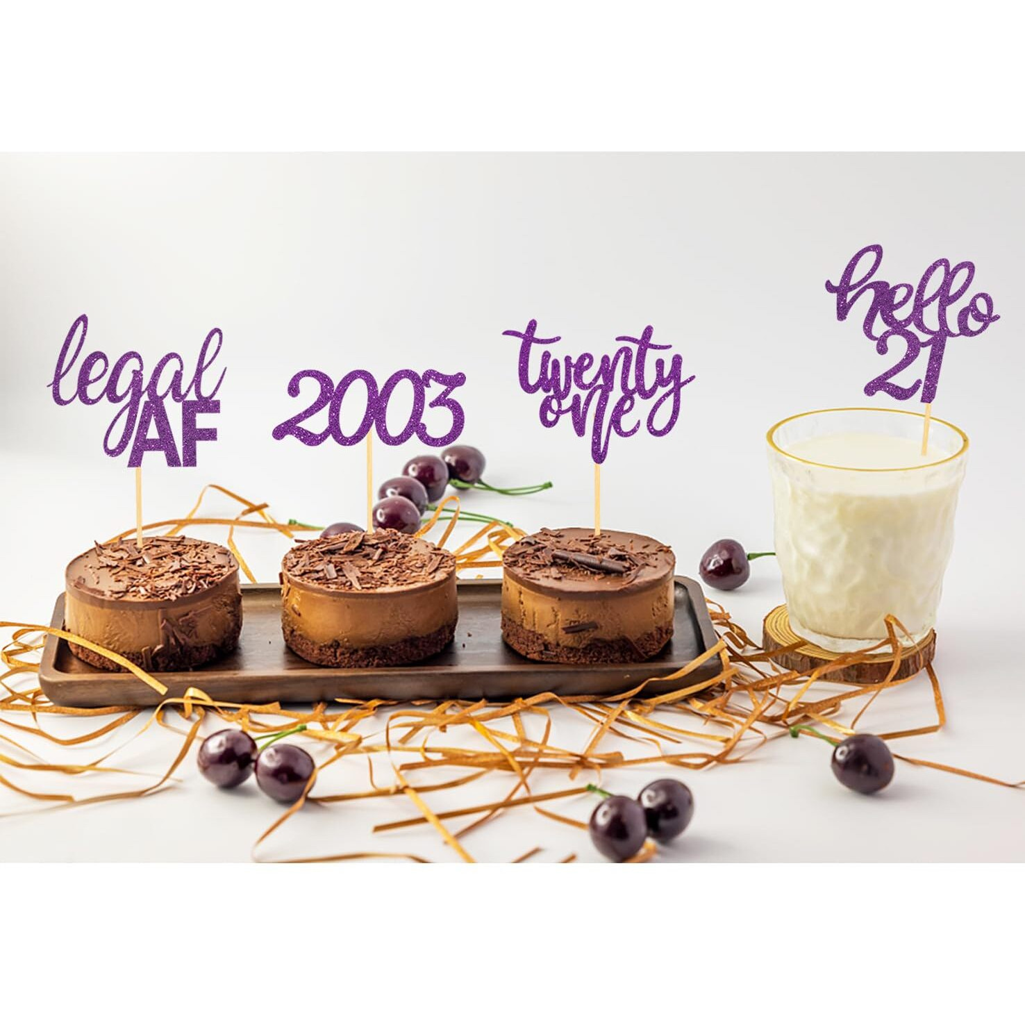 24 Pcs Glitter 21St Birthday Cupcake Toppers For Celebrating Twenty-One Years Old Birthday Party Decorations (Purple Glitter)