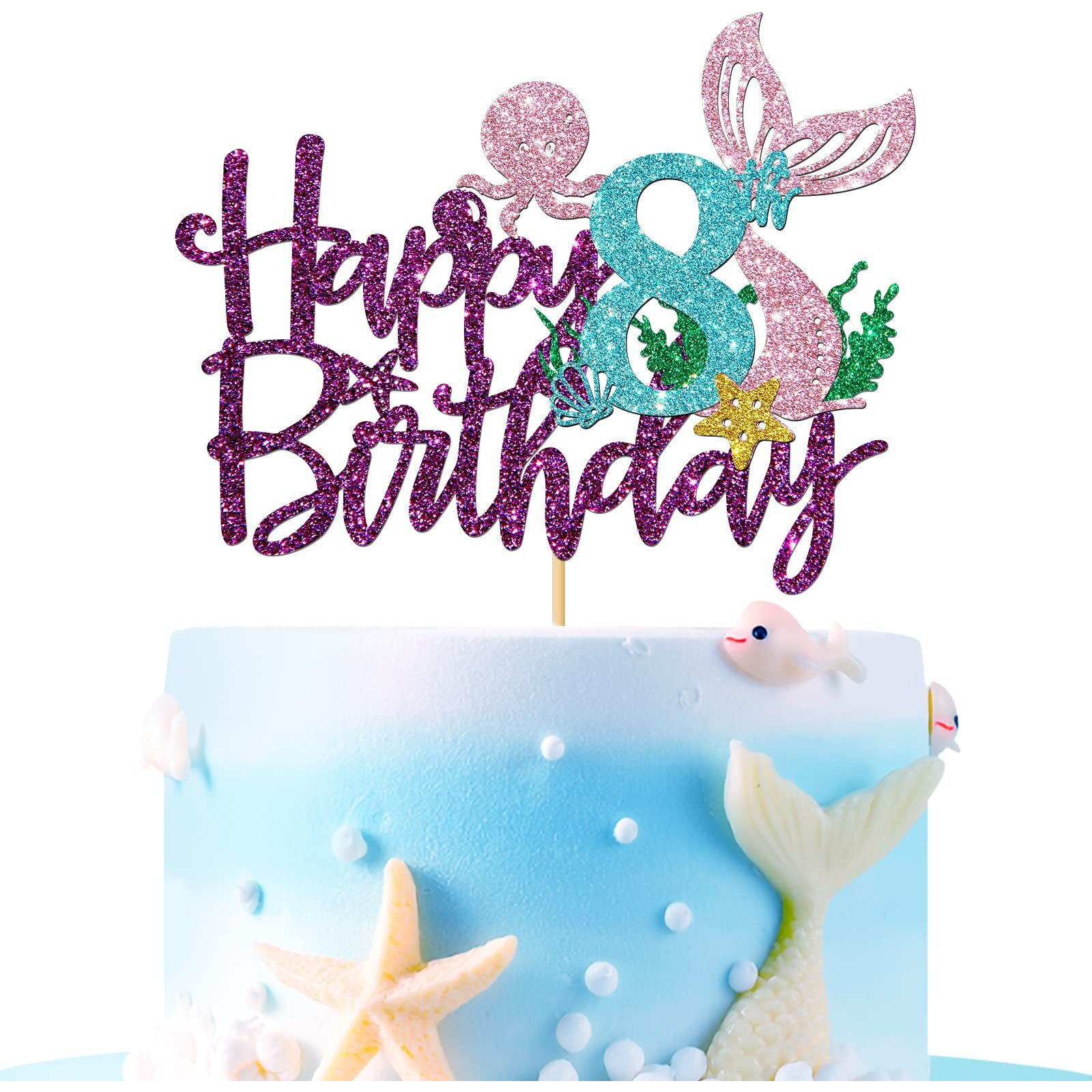 Roadsea Mermaid Happy 8Th Brithday Cake Topper - Under The Sea Theme Girl Kid Night Birthday Cake Supplies/Ocean World 8Th Mermaid Birthday Party Decoration - Purple Glitter (8Th)