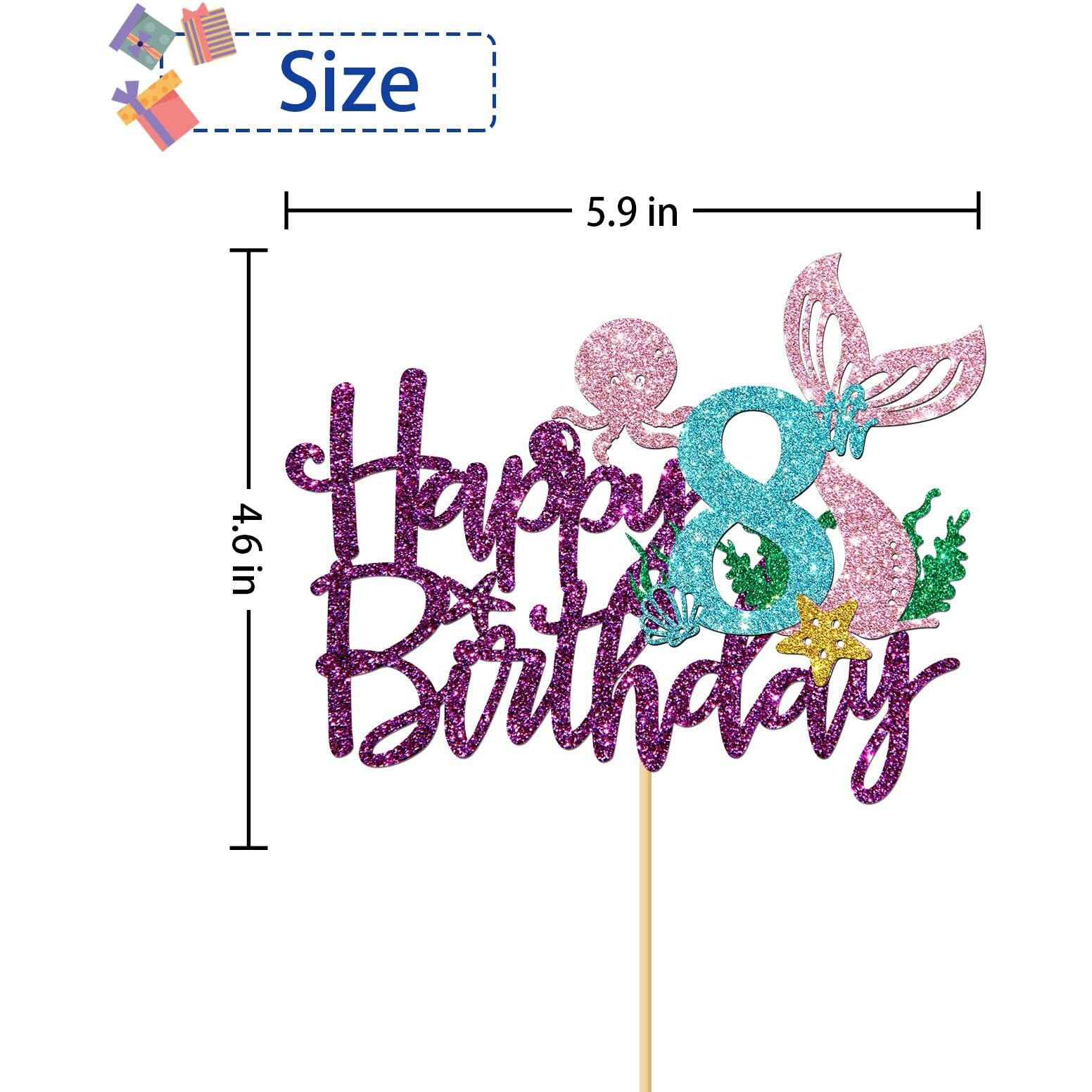 Roadsea Mermaid Happy 8Th Brithday Cake Topper - Under The Sea Theme Girl Kid Night Birthday Cake Supplies/Ocean World 8Th Mermaid Birthday Party Decoration - Purple Glitter (8Th)