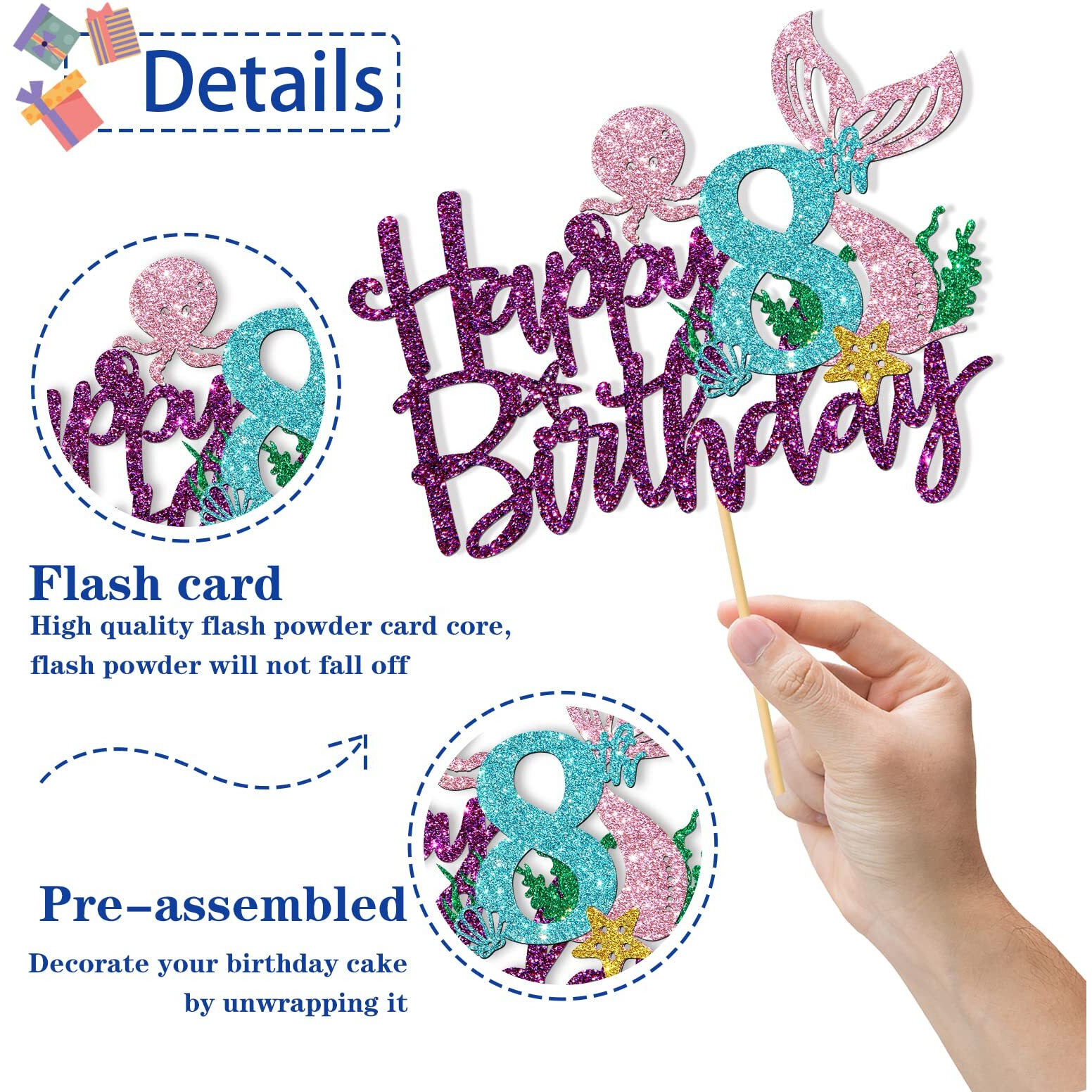 Roadsea Mermaid Happy 8Th Brithday Cake Topper - Under The Sea Theme Girl Kid Night Birthday Cake Supplies/Ocean World 8Th Mermaid Birthday Party Decoration - Purple Glitter (8Th)