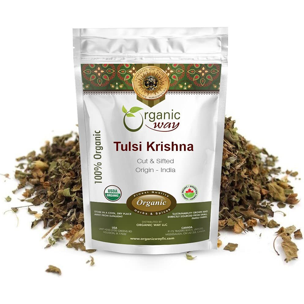 Organic Way Premium Grade Tulsi/Holy Basil (Krishna) Cut & Sifted (Ocimum Tenuiflorum) - Herbal Tea | Usda & Kosher Certified | Raw, Vegan, Non Gmo & Gluten Free | Origin - India (1/4Lbs / 4Oz)