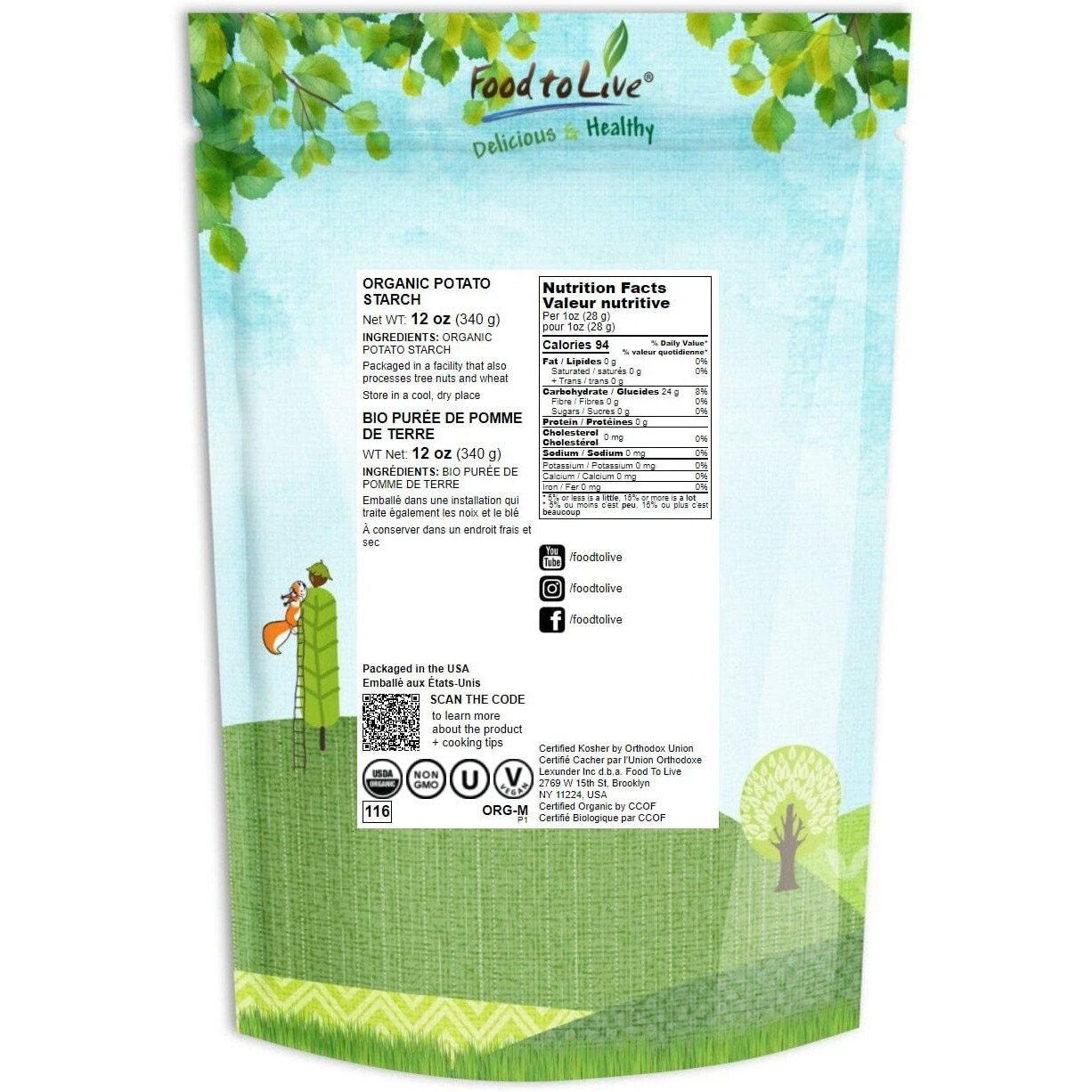 Food To Live Organic Potato Starch, 12 Ounces - Unmodified Powder, Non-Gmo, Pure Flour, Kosher, Vegan, Bulk, Great For Cooking, Baking, And Thickening Souces, Soups And Gravy