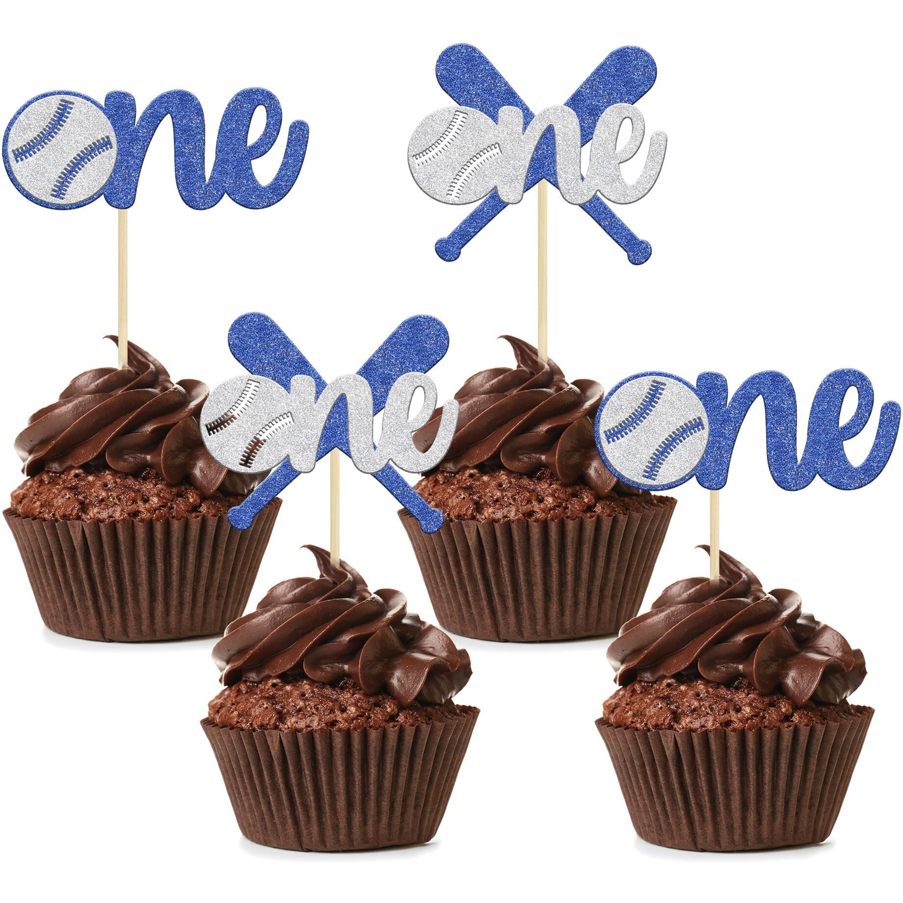24Pcs Baseball One Cupcake Toppers Glitter Sport Theme First Birthday Cupcake Picks For Baseball Theme Kids 1St Birthday Party Cake Decorations Supplies