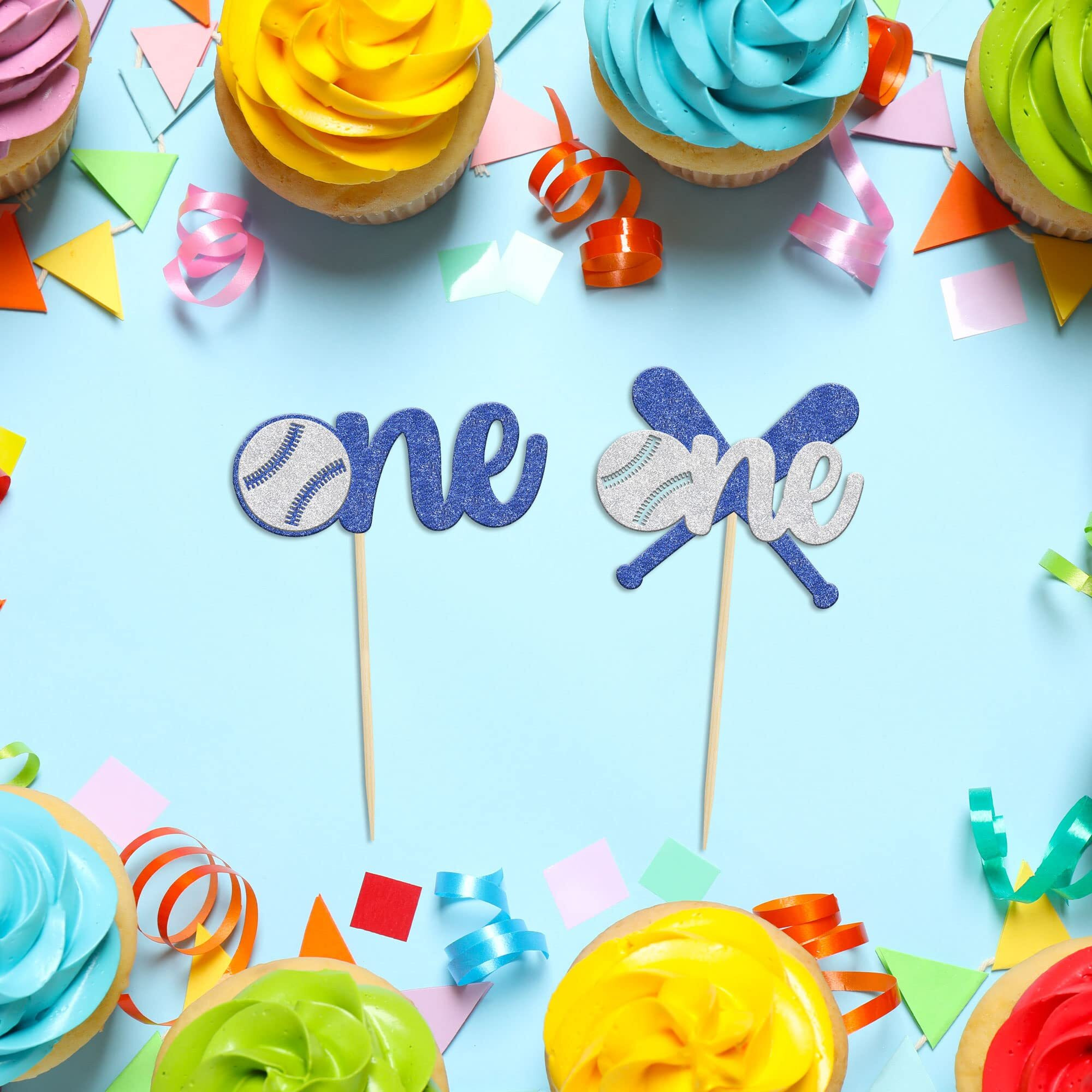 24Pcs Baseball One Cupcake Toppers Glitter Sport Theme First Birthday Cupcake Picks For Baseball Theme Kids 1St Birthday Party Cake Decorations Supplies