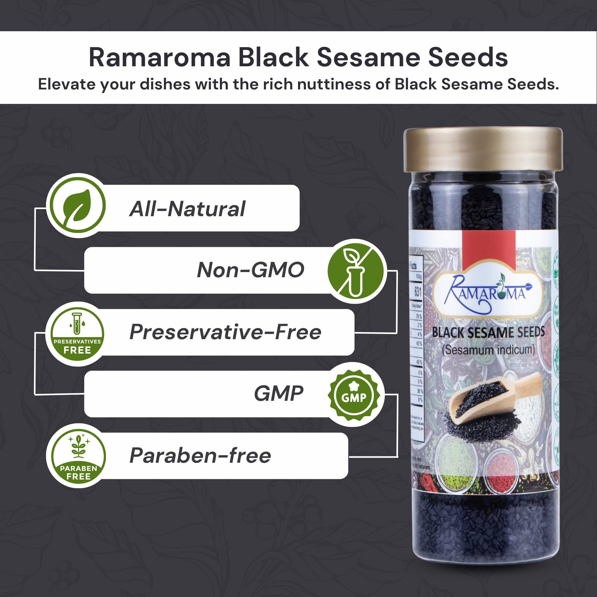 Ramaroma, Organic Black Sesame Seeds (100G/3.5Oz) Non-Gmo, Vegan | Raw Sesame Seeds | Sesamum Indicum | Sesame Seeds Whole Black | Perfect For Stir-Fries, Salads, Baking & Cooking
