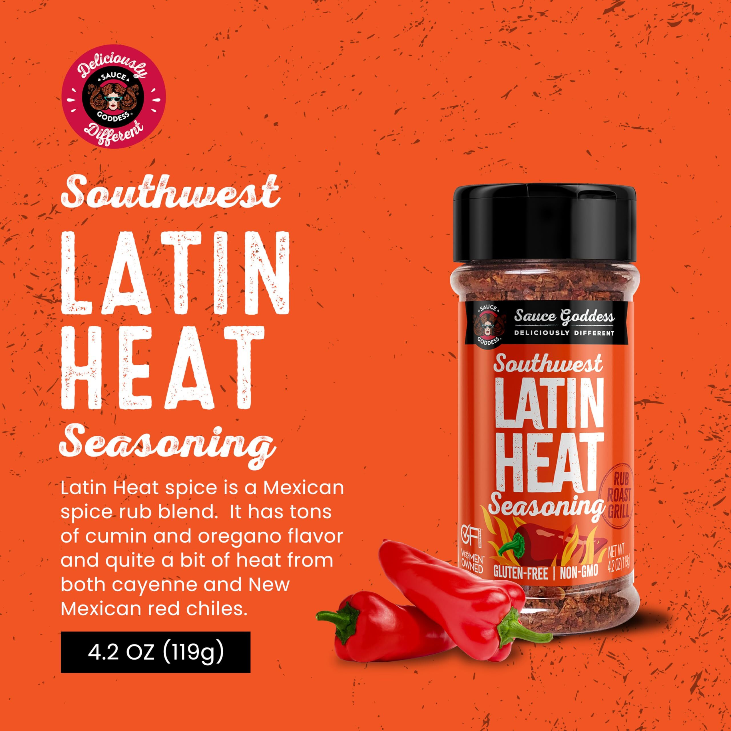 Sauce Goddess Southwest Latin Heat Shaker - Bbq Rub With Tons Of Cumin And Oregano Flavor, Cayenne, And New Mexican Red Chiles. No Sugar, Low In Sodium, Gluten-Free - Net Wt. 4.2 Oz.
