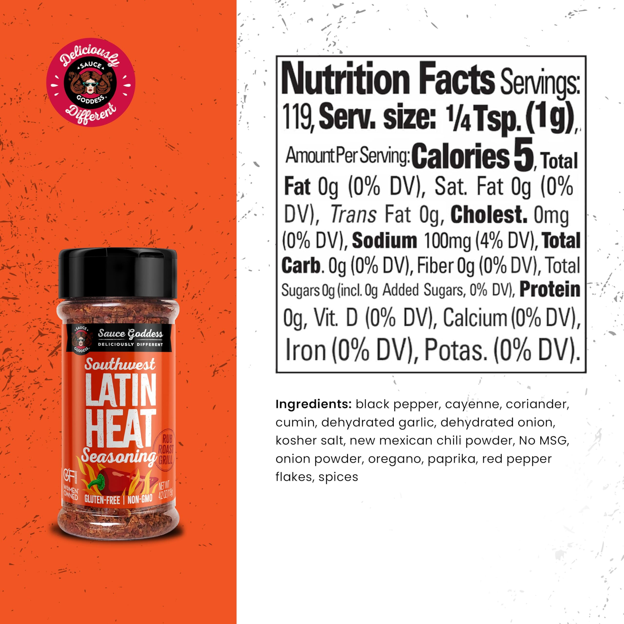 Sauce Goddess Southwest Latin Heat Shaker - Bbq Rub With Tons Of Cumin And Oregano Flavor, Cayenne, And New Mexican Red Chiles. No Sugar, Low In Sodium, Gluten-Free - Net Wt. 4.2 Oz.