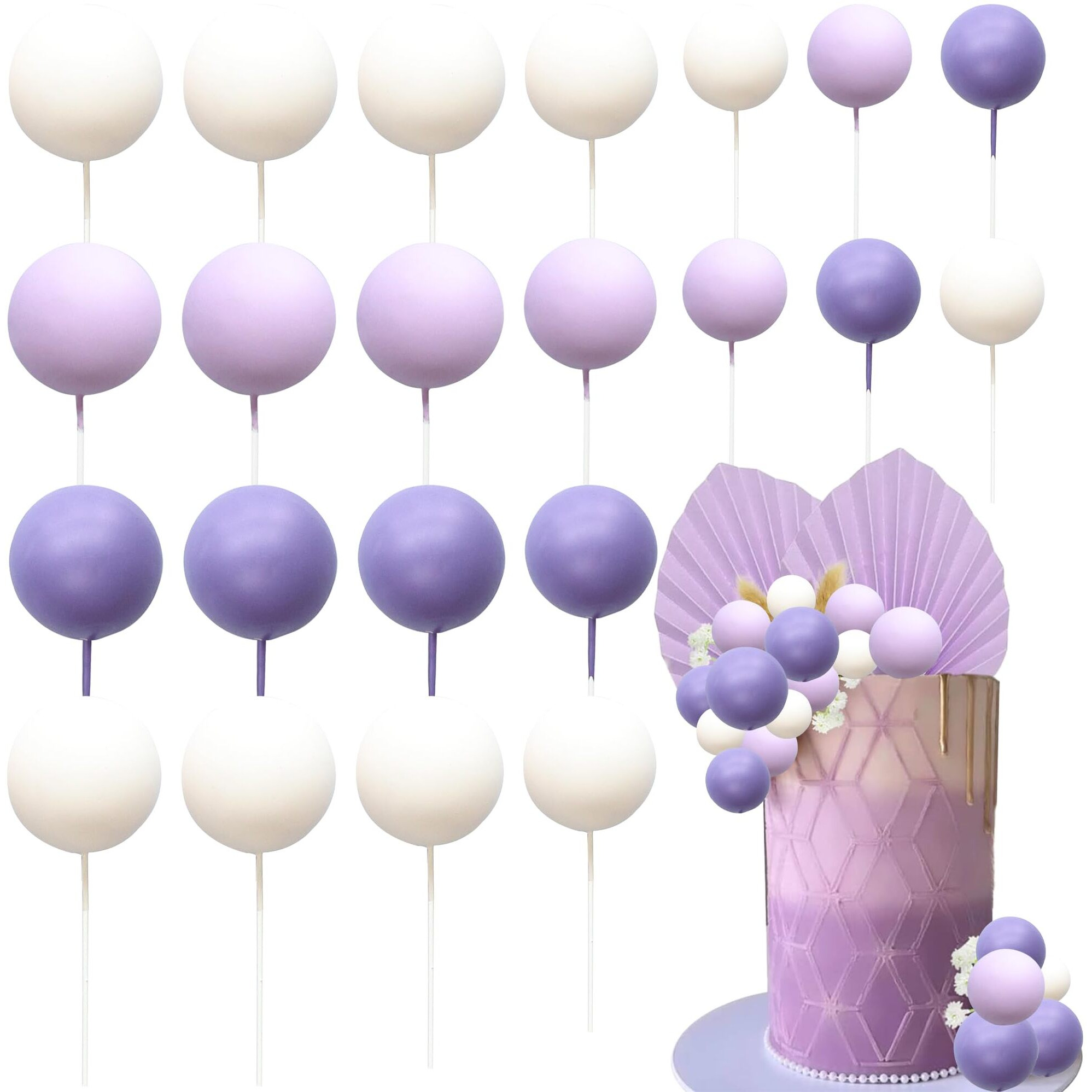 Ephlyn 30Pcs Ball Cake Picks Colorful Ball Shaped Cake Topper Pearl Balls Cupcake Cake Insert Topper For Birthday Party Decoration Supplies White Dark Light Purple