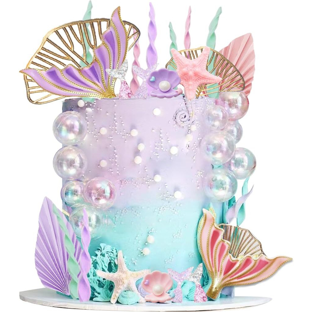 Mermaid Cake Topper Big Mermaid Tails Seaweed Bubbles Shells And Golden Ginkgo Leaves Cake Set For Mermaid Under The Sea Cake Decor