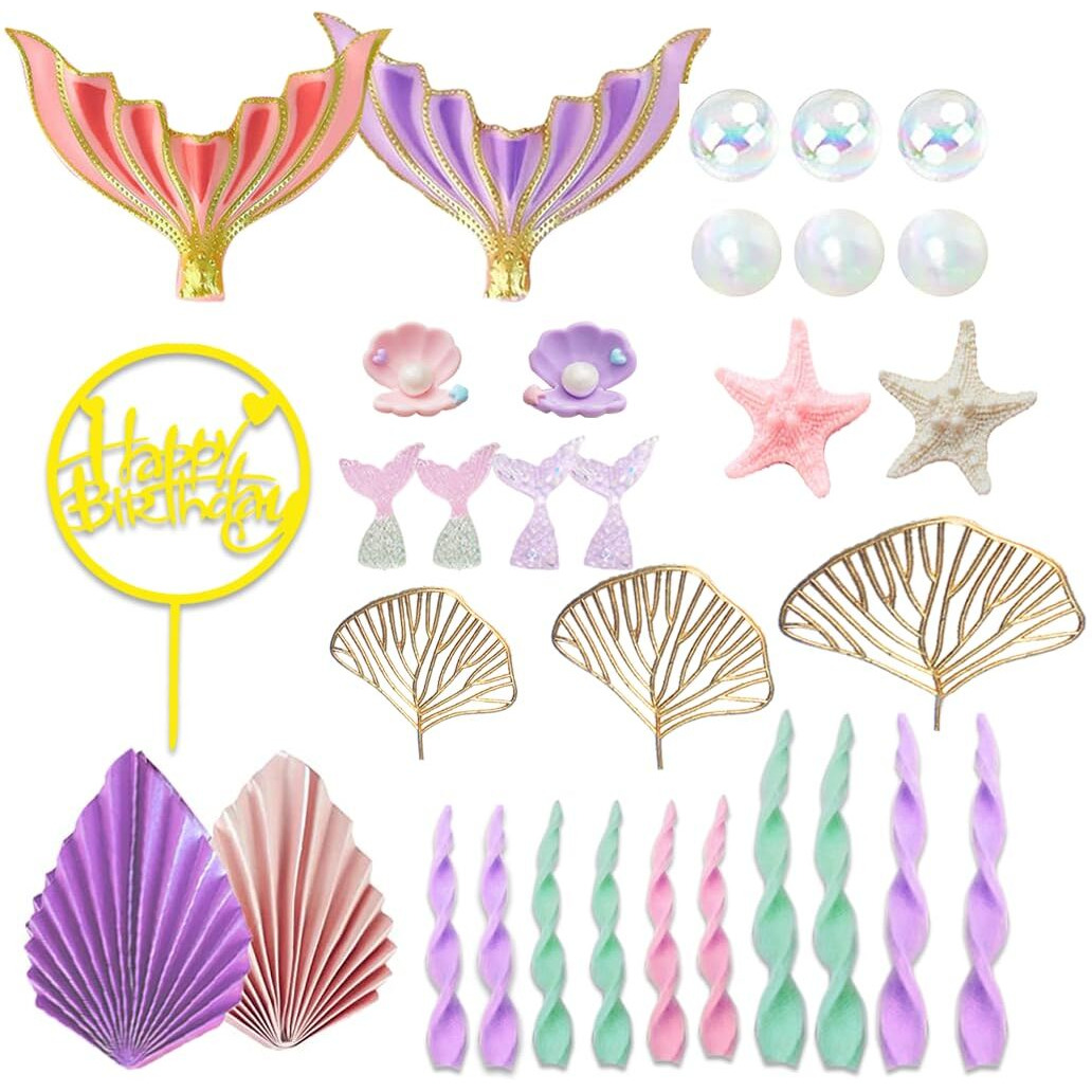 Mermaid Cake Topper Big Mermaid Tails Seaweed Bubbles Shells And Golden Ginkgo Leaves Cake Set For Mermaid Under The Sea Cake Decor