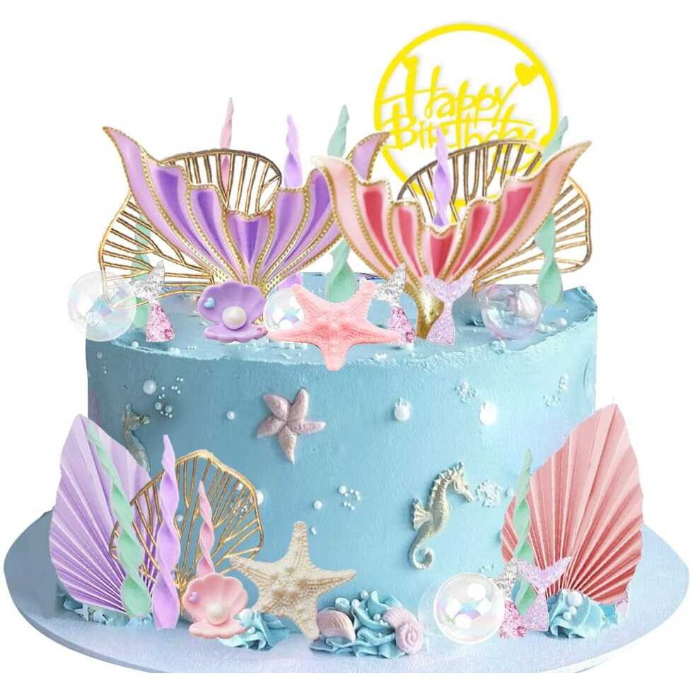 Mermaid Cake Topper Big Mermaid Tails Seaweed Bubbles Shells And Golden Ginkgo Leaves Cake Set For Mermaid Under The Sea Cake Decor