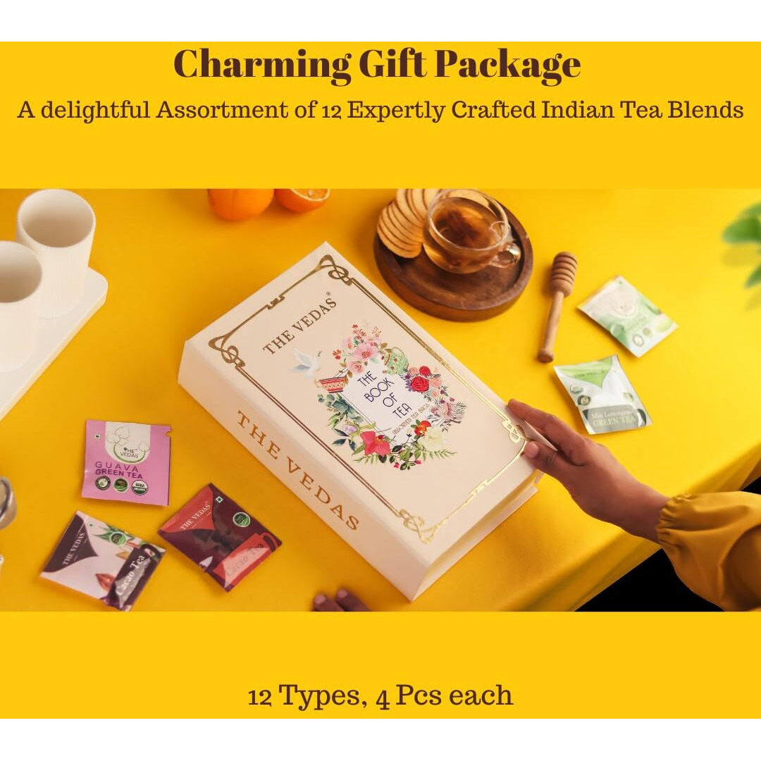 The Vedas Book Of Tea Gift Set | Assorted Tea Bags Gift Box | 12 Exotic Herbal Tea Blends | 4 Units Of Each Variety, Net 48 | Best For Corporate Gifting | Tea Gift Hamper