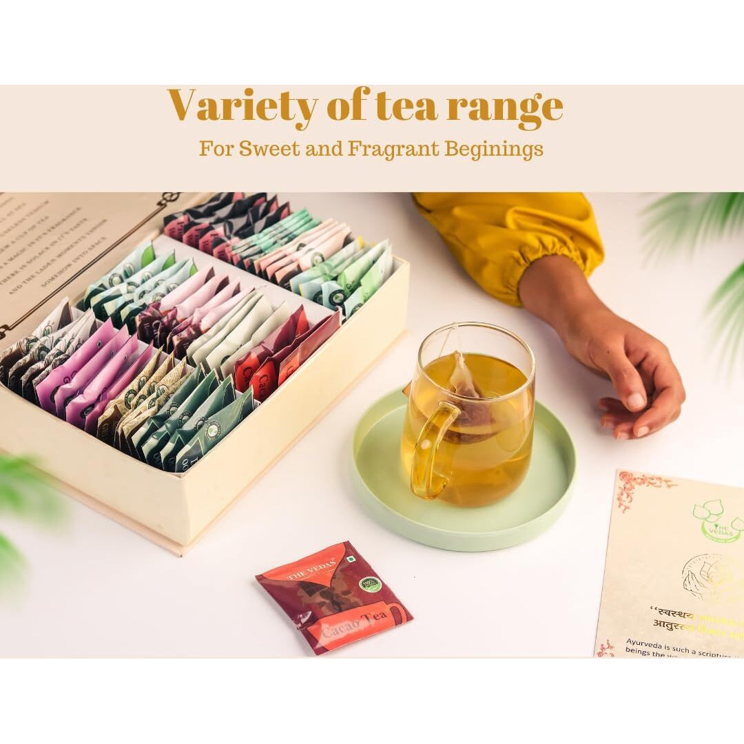 The Vedas Book Of Tea Gift Set | Assorted Tea Bags Gift Box | 12 Exotic Herbal Tea Blends | 4 Units Of Each Variety, Net 48 | Best For Corporate Gifting | Tea Gift Hamper