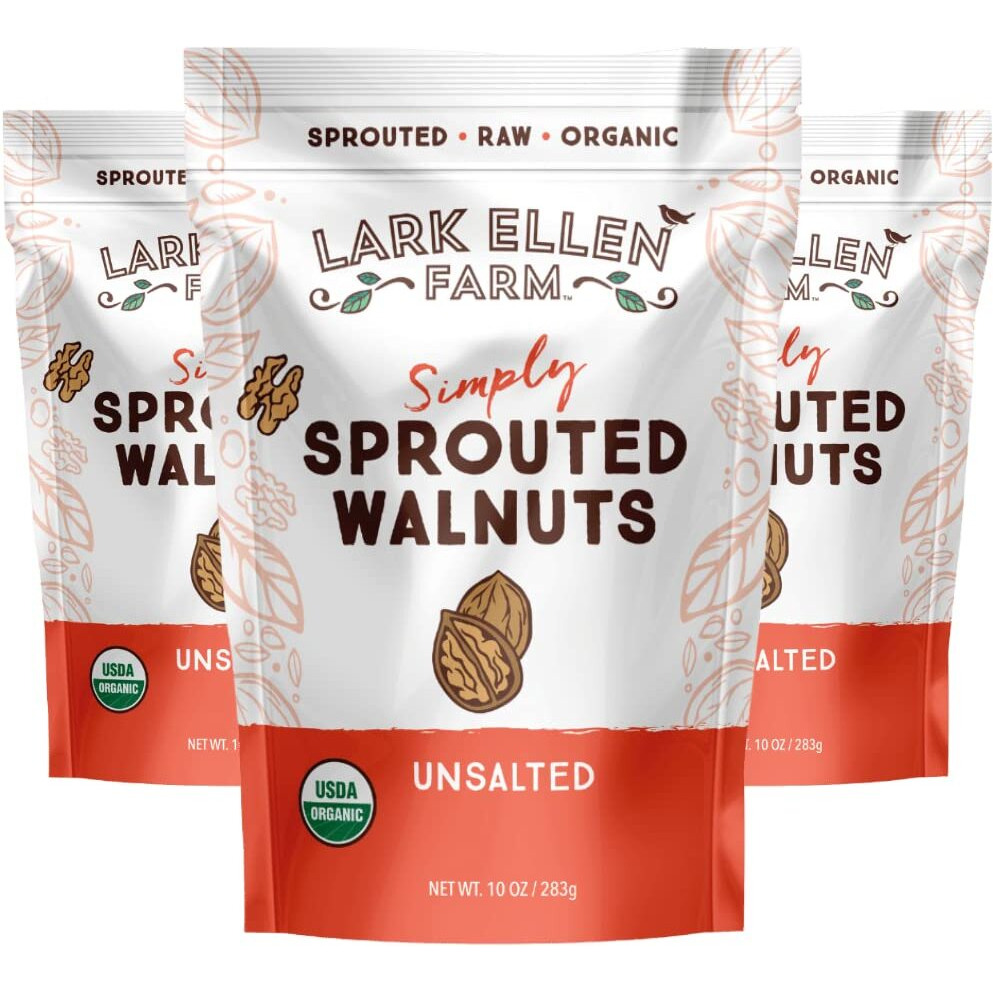Lark Ellen Farm Unsalted Walnuts, Raw Sprouted Healthy Snack, Keto, Certified Usda Organic, Gluten-Free, Vegan, Individual Whole Nuts (10 Oz, 3 Pack)