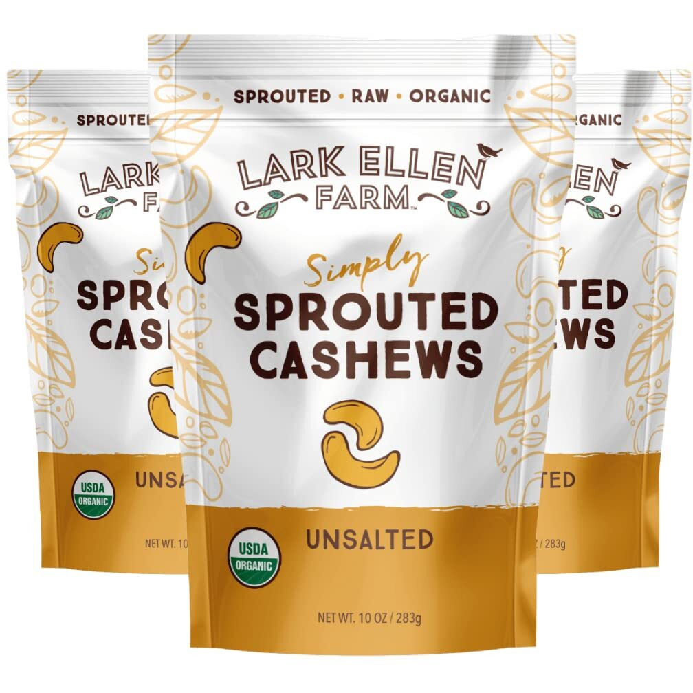 Lark Ellen Farm Whole Cashews, Unsalted Raw Sprouted Nuts, Certified Usda Organic, Gluten-Free, Vegan Snacks (10 Oz, 3 Pack)