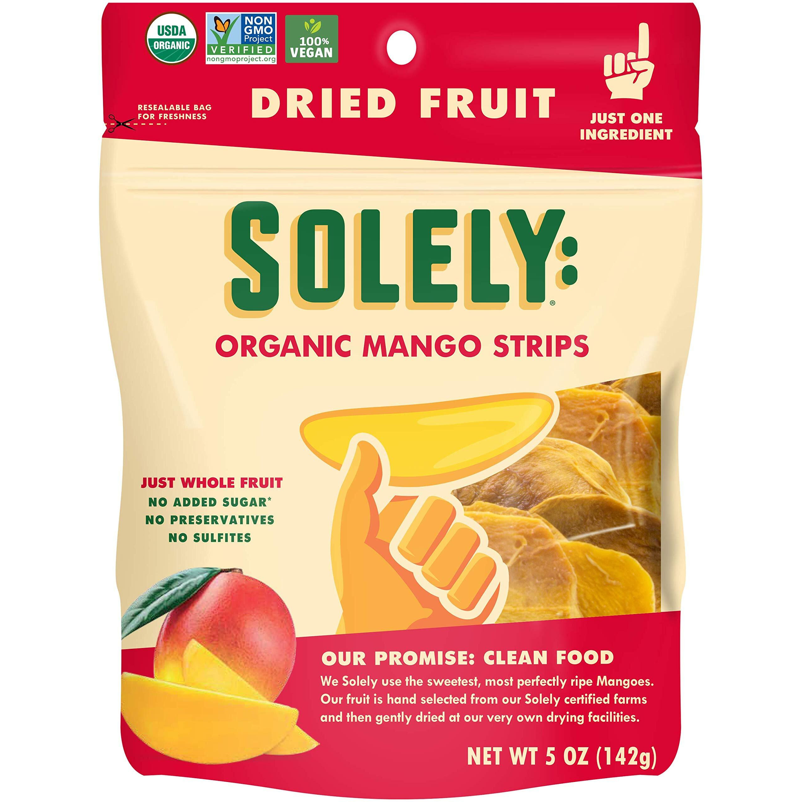 Solely - Organic Dried Mango Strips (5 Oz Resealable Bags, Pack Of 6) - Real Fresh Fruit - 1 Ingredient - Healthy Snacks For Adults & Kids - Non Gmo, Vegan Snacks, Shelf Stable - 6 Bags (30 Oz)