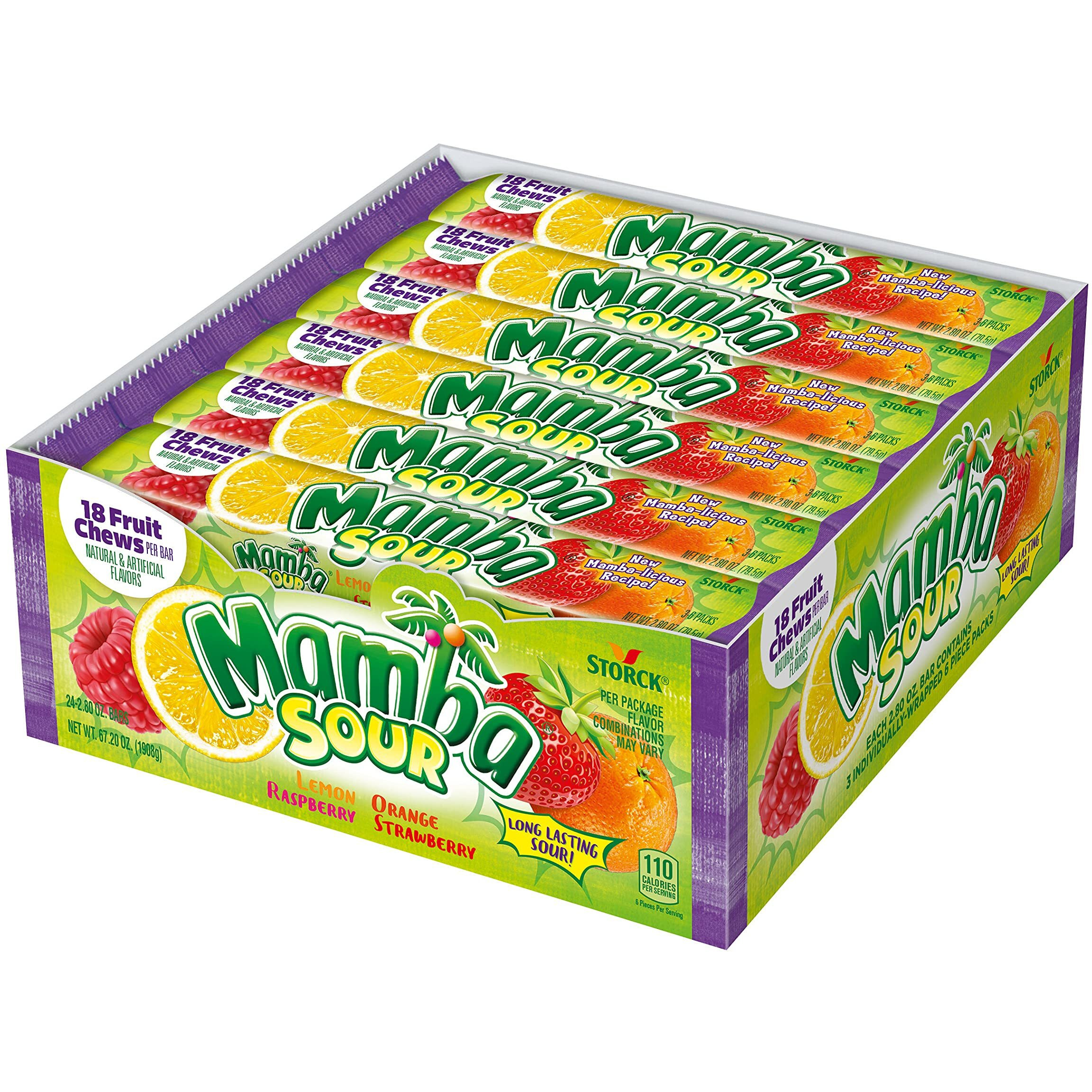 Mamba Sour Fruit Chews Candy, 18 Pieces (Pack Of 24)