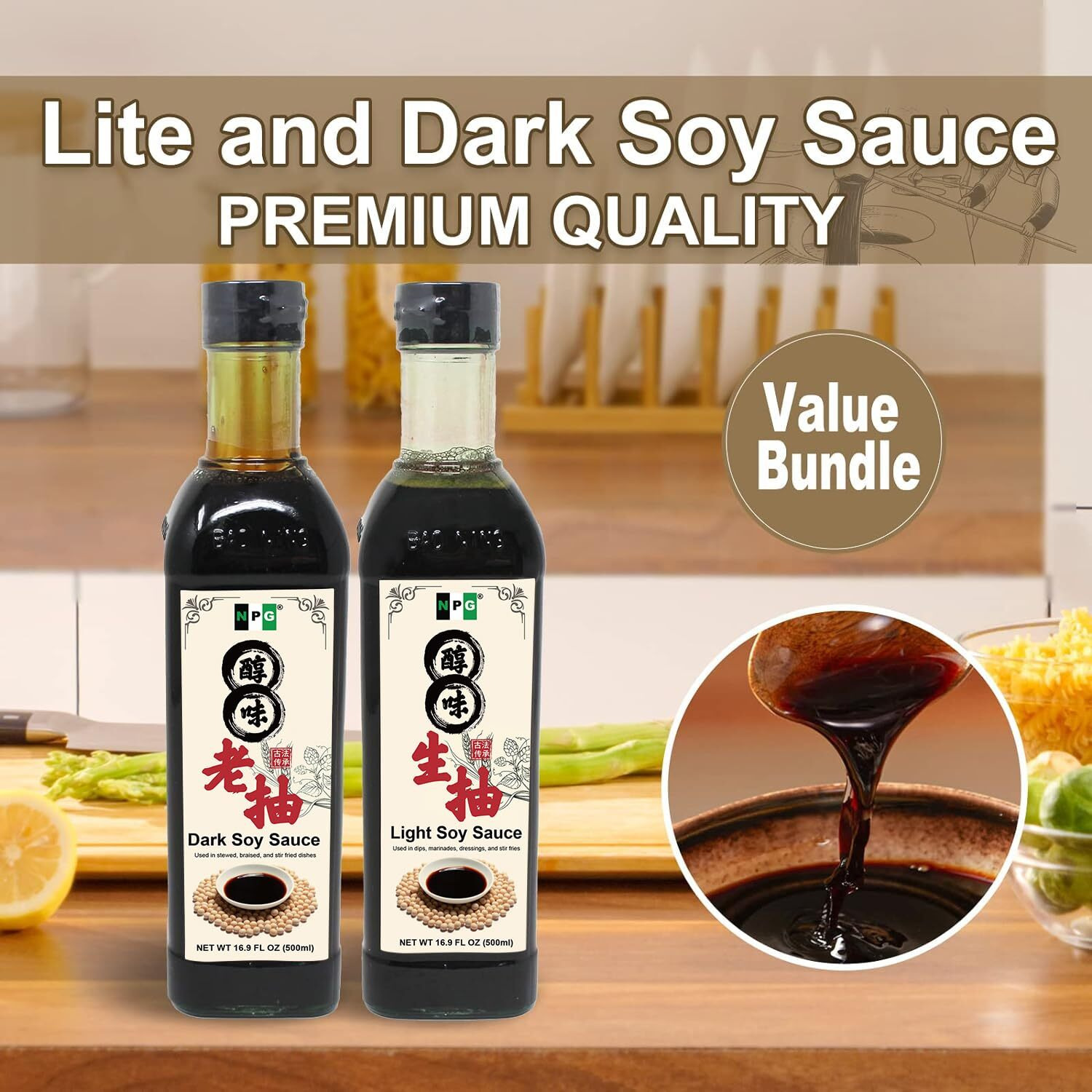 Npg Premium Light And Dark Soy Sauce Set 16.9 Fl Oz (Pack Of 2) , Soy Dipping Sauces For Fish, Dumpling, Noodles, And Marinade Meat, Perfect Condiment For Japanese Sushi, Sashimi, Asian Stir Fry, Vegan Non-Gmo No Preservatives