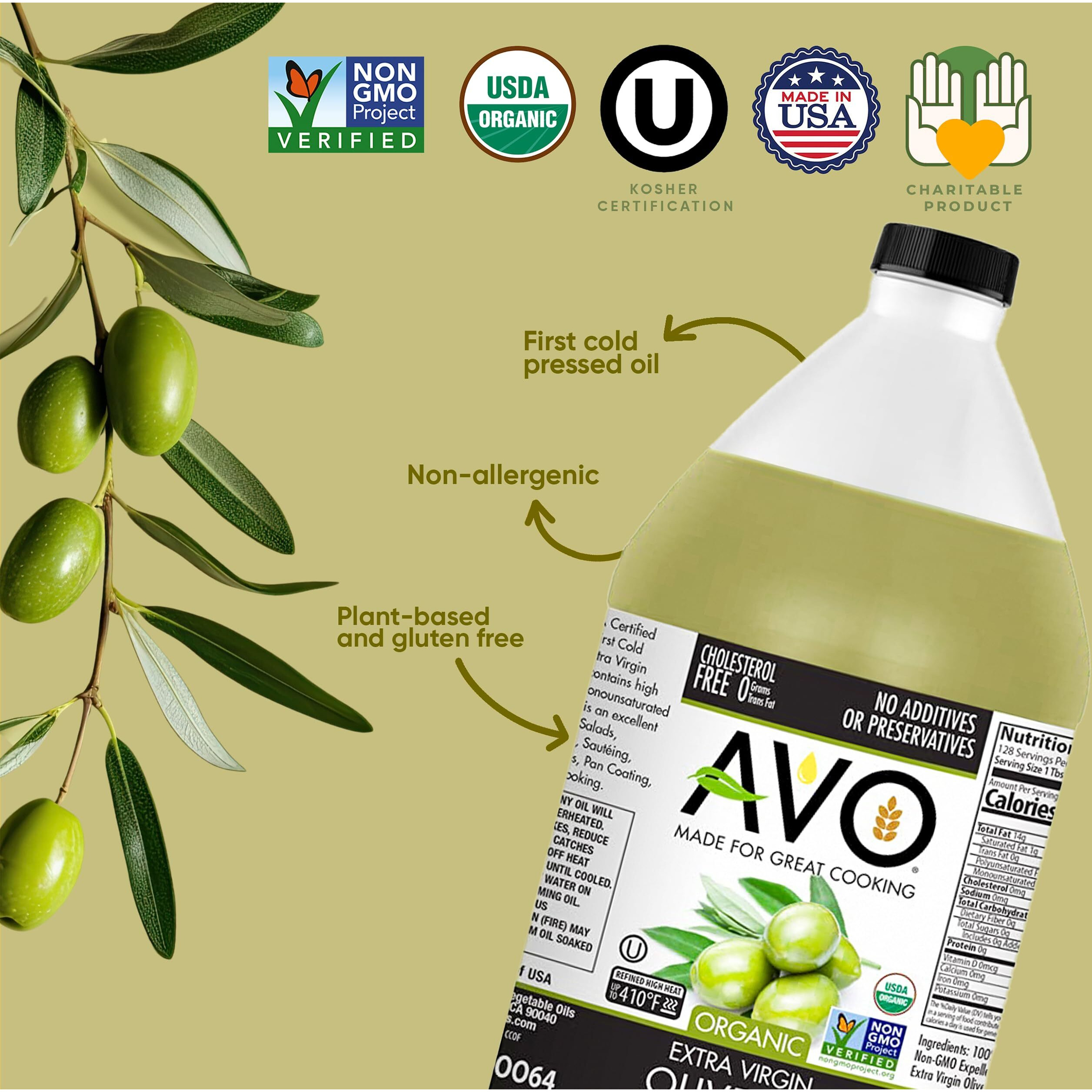 Avo Organic 100% Extra Virgin Olive Oil, 64 Fl-Oz (Half Gallon) No Preservatives Added