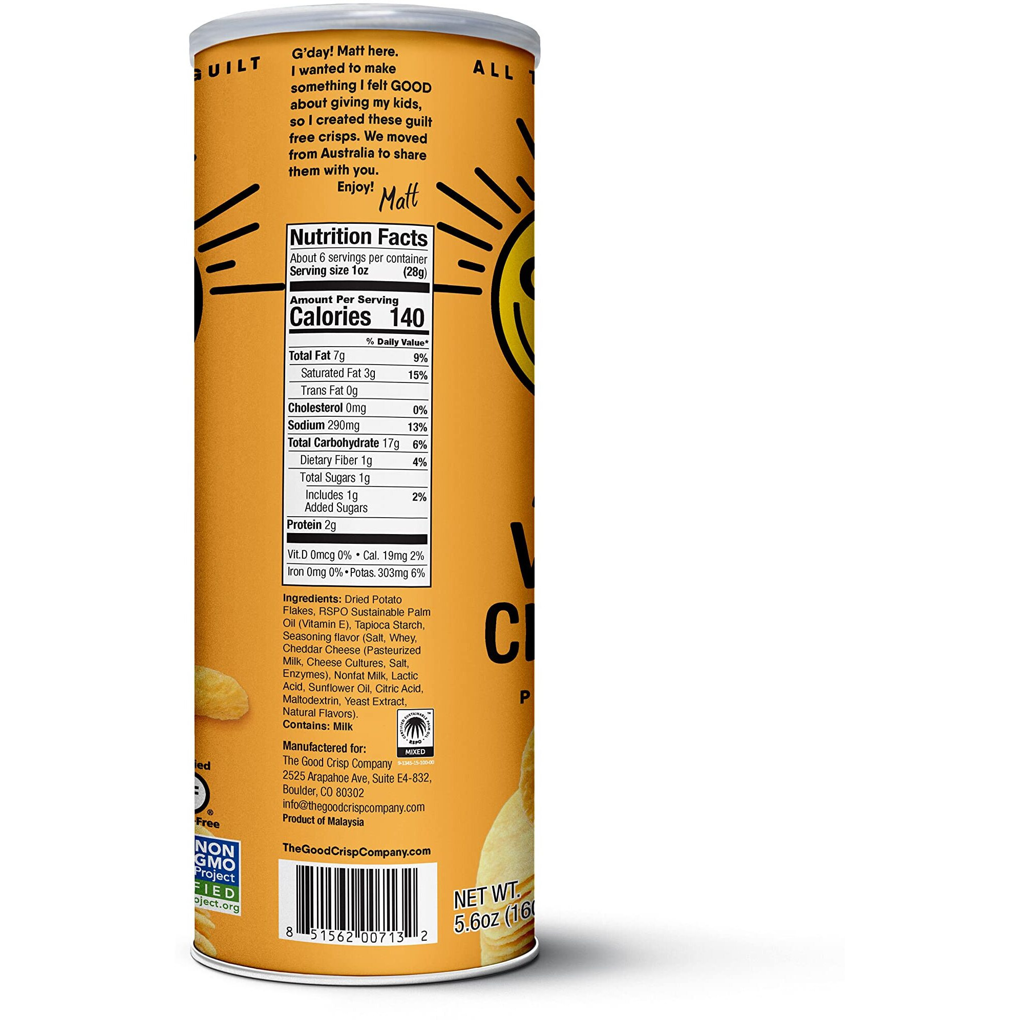 The Good Crisp Company, Aged White Cheddar, Gluten Free Potato Chips (5.6 Ounce Canisters, Pack Of 8), Non-Gmo, Allergen Friendly, Potato Chip Snack Pack, Gluten Free Snacks