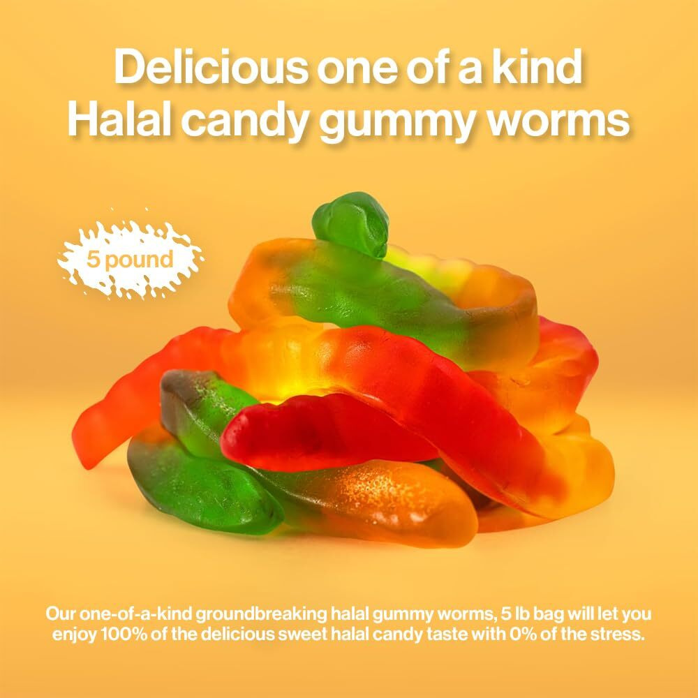 Halal Gummy Worms 5Lb Bag - Multi-Color Gummy Worms Bulk Candy - Stuffed With Sweet Gummies Candy - Tasty Candy Gummies & Candy Gift For All Occasions
