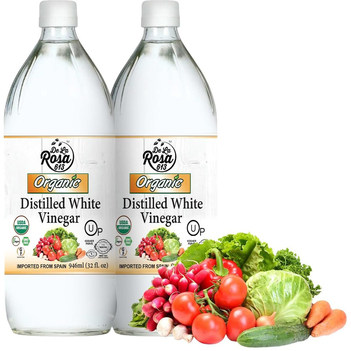 De La Rosa Organic Distilled White Vinegar, Raw & Unfiltered, Kosher For Passover, Vegan & Gluten Free, Great For Salad Dressing, Marinades, White Distilled Vinegar 32 Oz (Pack Of 2)