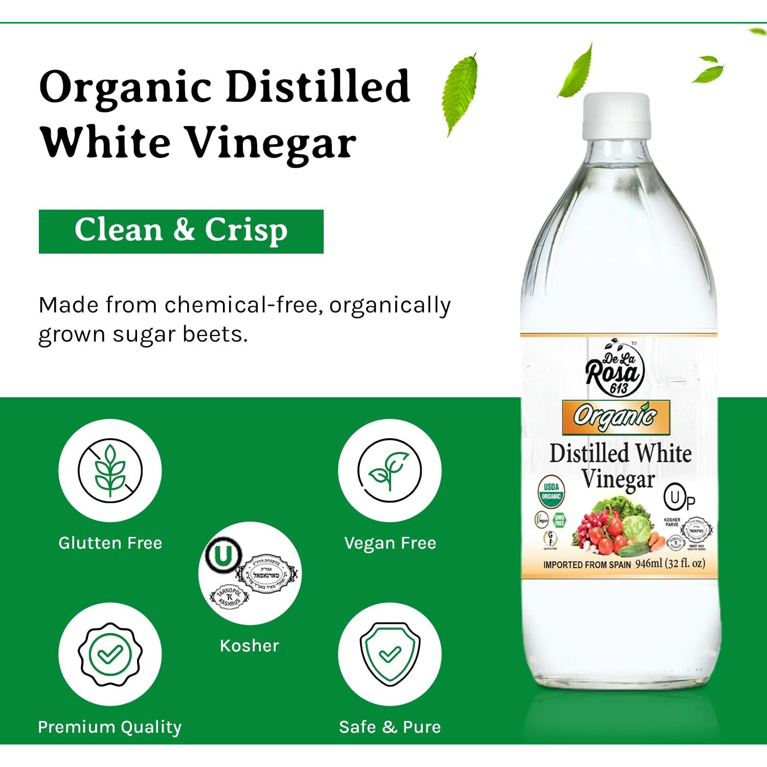 De La Rosa Organic Distilled White Vinegar, Raw & Unfiltered, Kosher For Passover, Vegan & Gluten Free, Great For Salad Dressing, Marinades, White Distilled Vinegar 32 Oz (Pack Of 2)