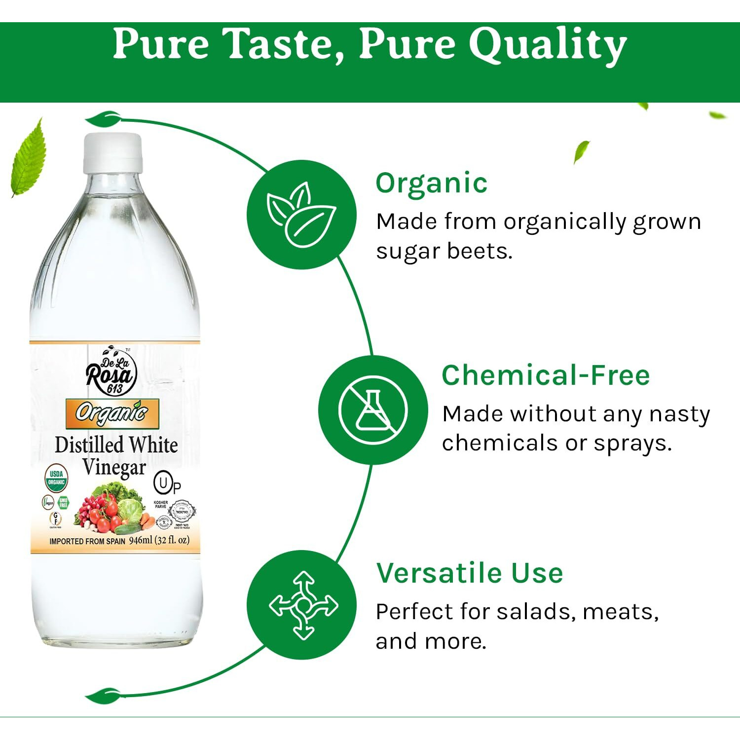 De La Rosa Organic Distilled White Vinegar, Raw & Unfiltered, Kosher For Passover, Vegan & Gluten Free, Great For Salad Dressing, Marinades, White Distilled Vinegar 32 Oz (Pack Of 2)