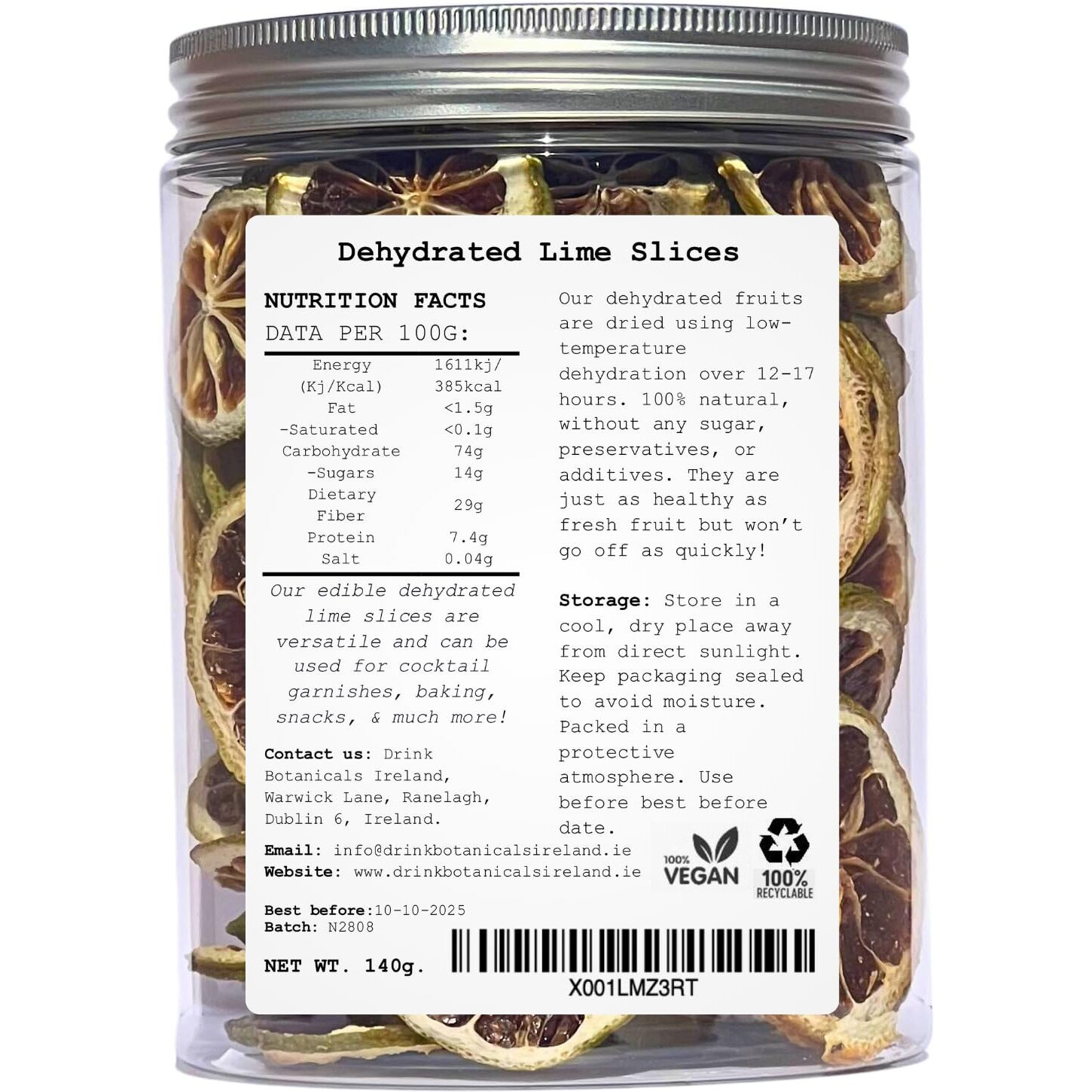 Dehydrated Dried Lime Slices | Lime Wheels | 50 + Servings Approx. | 100% Natural No Added Sugars | Cocktails, Wreath Making, Tea, Cakes, Decoration | Dried Limes For Cocktails | Pet Jar | 4.9 Oz