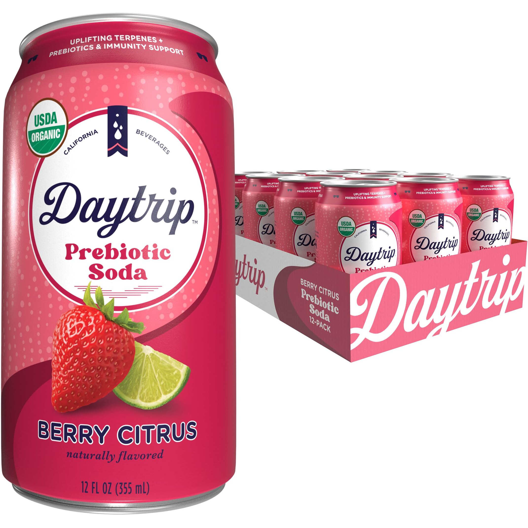 Daytrip Prebiotic Soda Drink | Certified Usda Organic | Mood Boosting Prebiotic Drink (12 Pack Of 12Oz Cans) | Berry Citrus