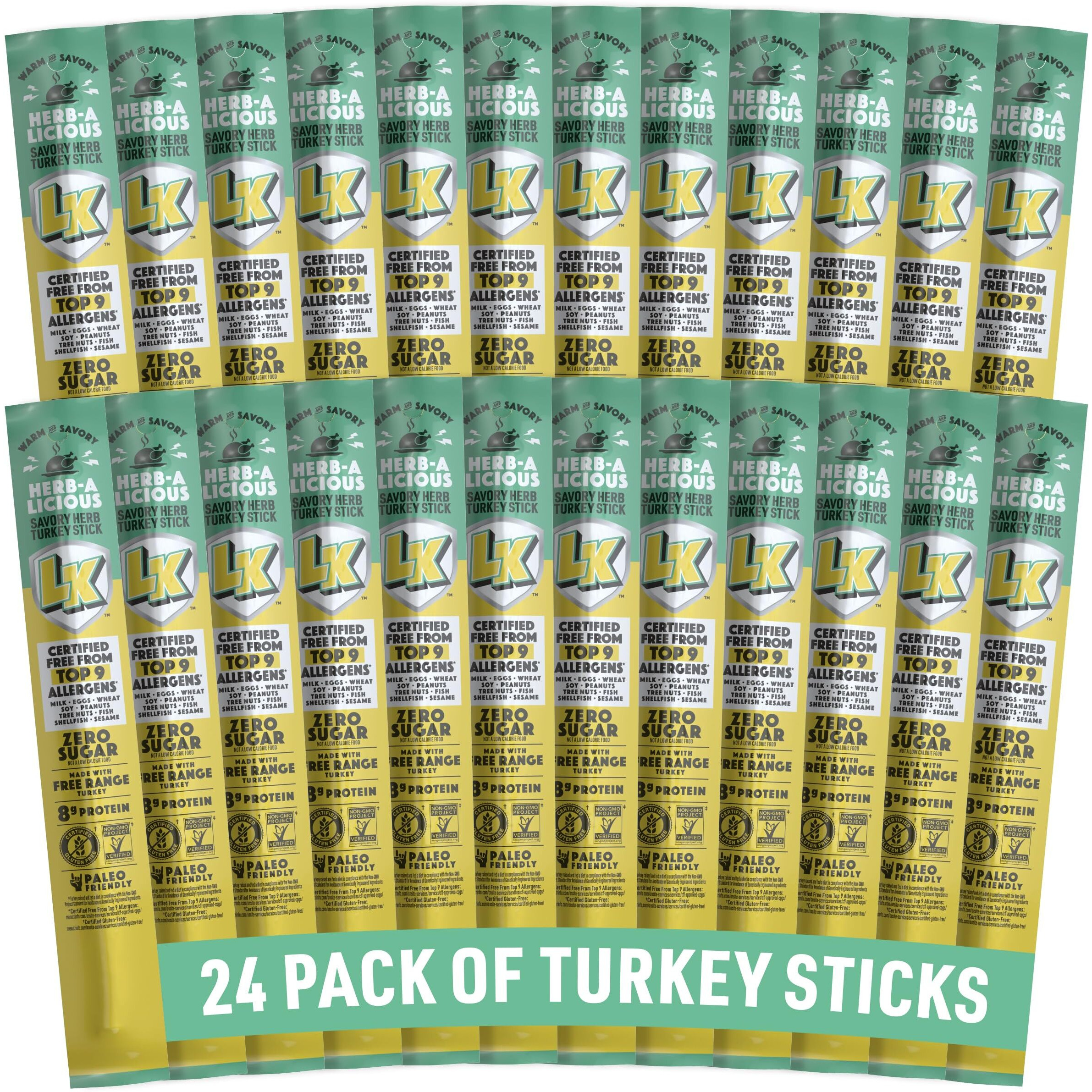 Lorissa's Kitchen Premium Grass-Fed & Finished Jerky Snack Sticks 24-Pack Herb-A-Licious Turkey Flavor, 8G Protein, Certified Free From Top 9 Allergens, Gluten-Free, Non-Gmo, Zero Sugar, Keto, Paleo