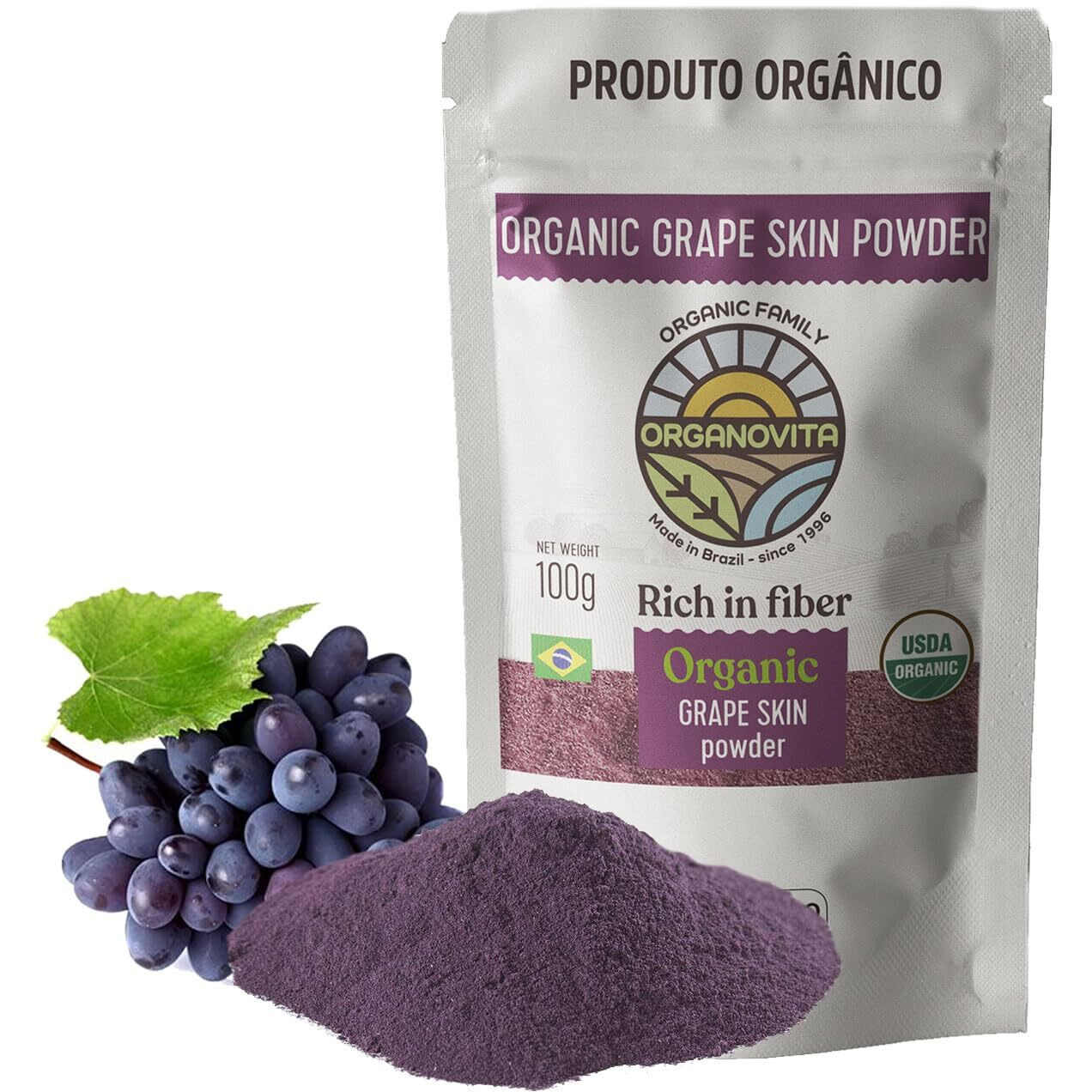 Organovita | Organic Grape Skin Powder | Blend In Smoothies, Cakes | High Fiber Content, Made W/Cold-Pressed Natural Ingredients | Gluten-Free | All Purpose Powder, Antioxidants Rich - Certified Usda