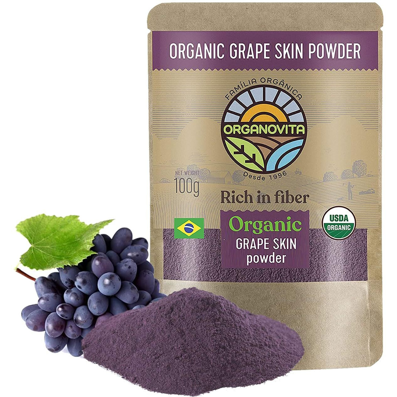 Organovita | Organic Grape Skin Powder | Blend In Smoothies, Cakes | High Fiber Content, Made W/Cold-Pressed Natural Ingredients | Gluten-Free | All Purpose Powder, Antioxidants Rich - Certified Usda