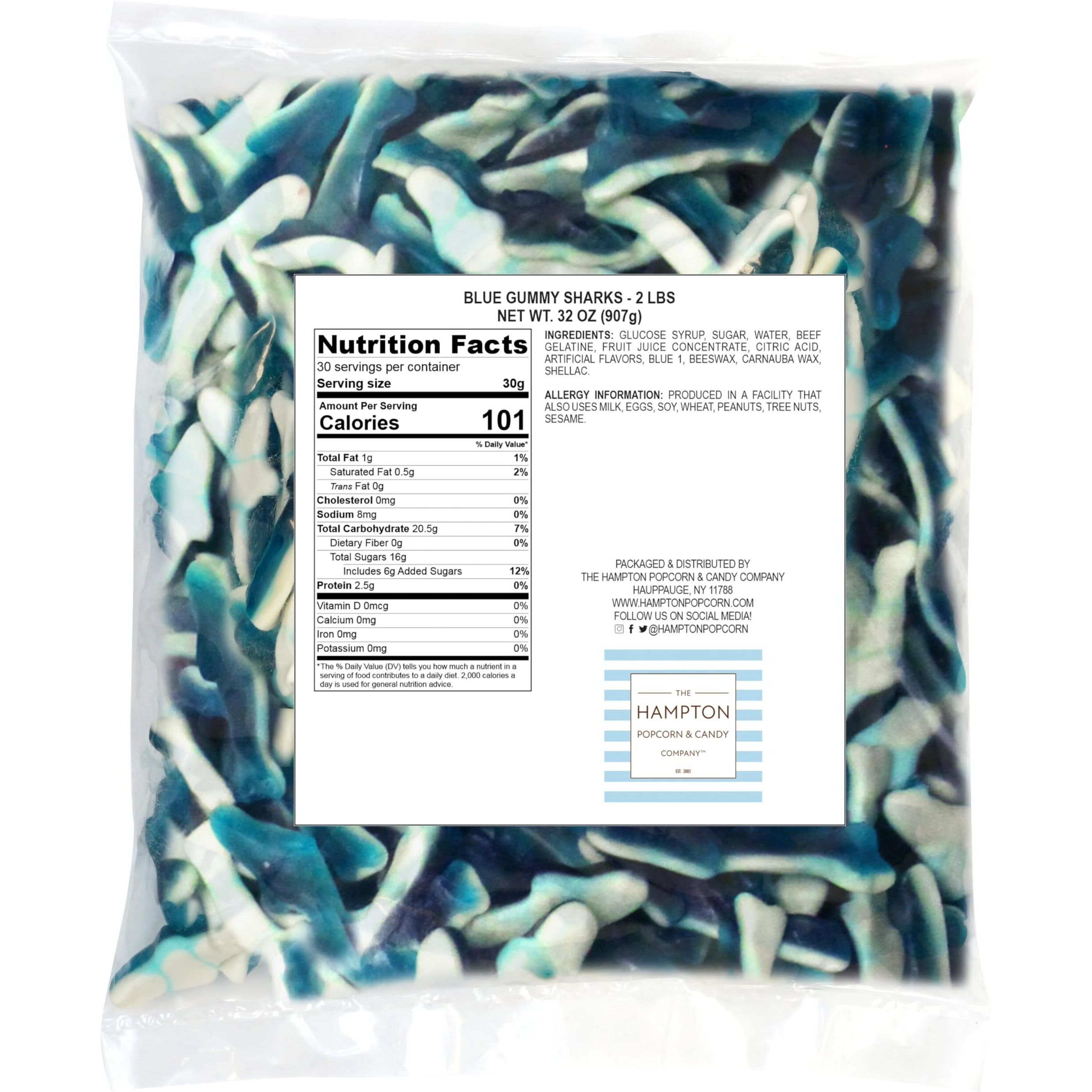 Blue Gummy Sharks Candy, 2 Pound Bulk Bag, The Hampton Popcorn & Candy Company
