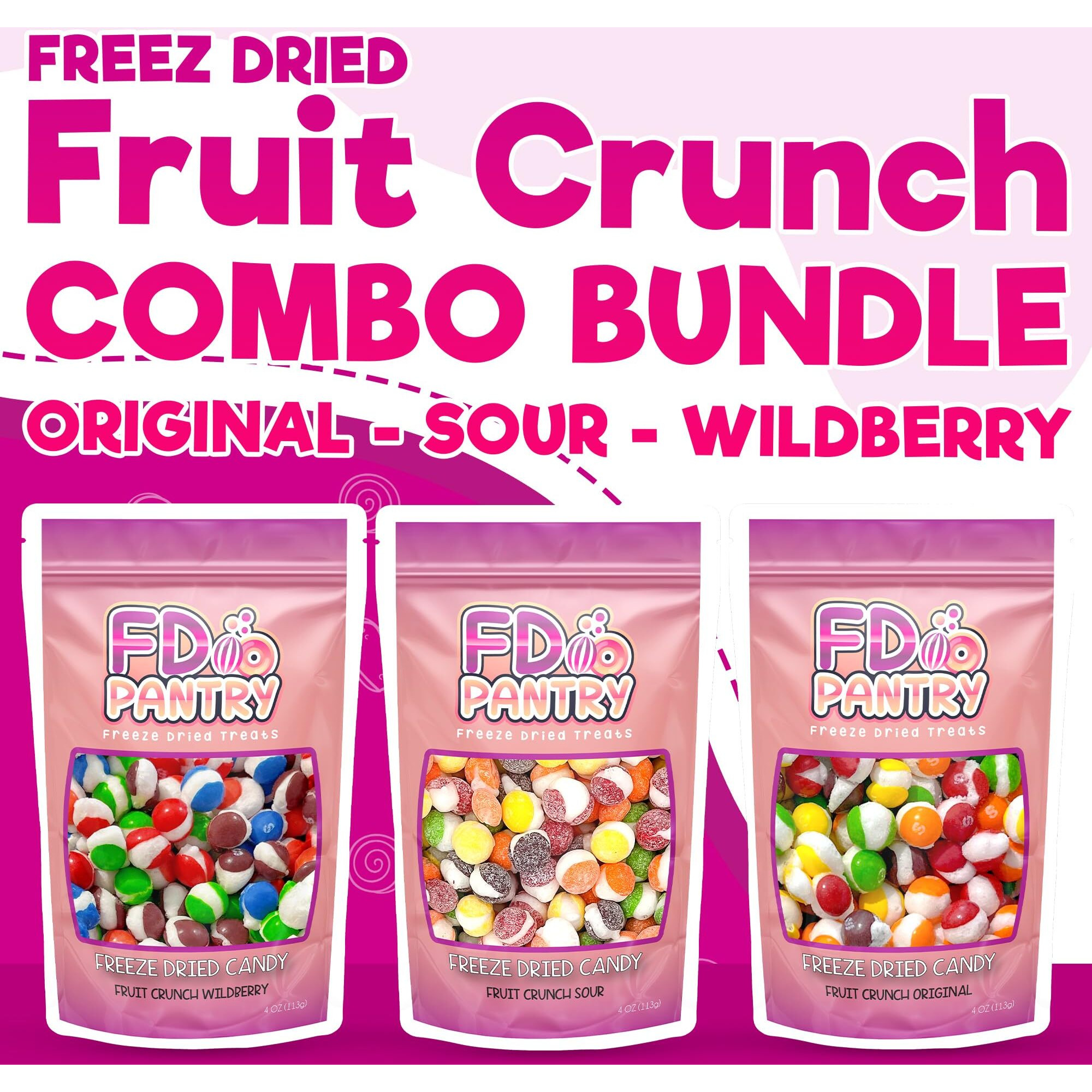 Freeze Dried Candy 3 Pack Fruit Crunch Original, Wildberry, Sour Mix Variety Gift Bundle 4 Oz - 3 Pack Treat Snack Sampler Set Rainbow Wild Berry