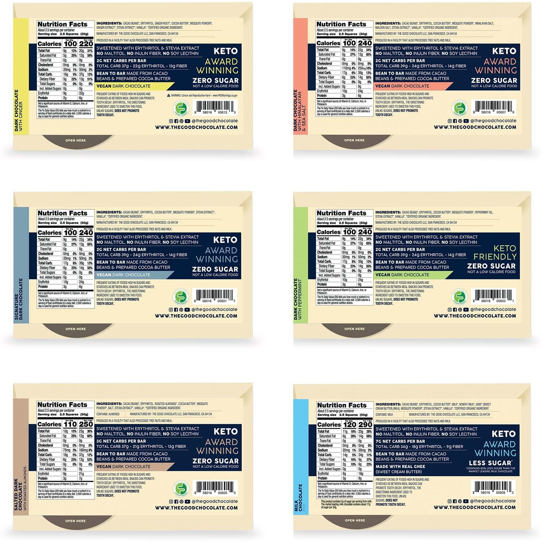 The Good Chocolate - Keto Chocolate Variety Pack, Zero Sugar, Lower Net Carb Snack, Lower Calorie Chocolate Candy Variety Pack, 6 Flavors, 6 Bar Value Pack