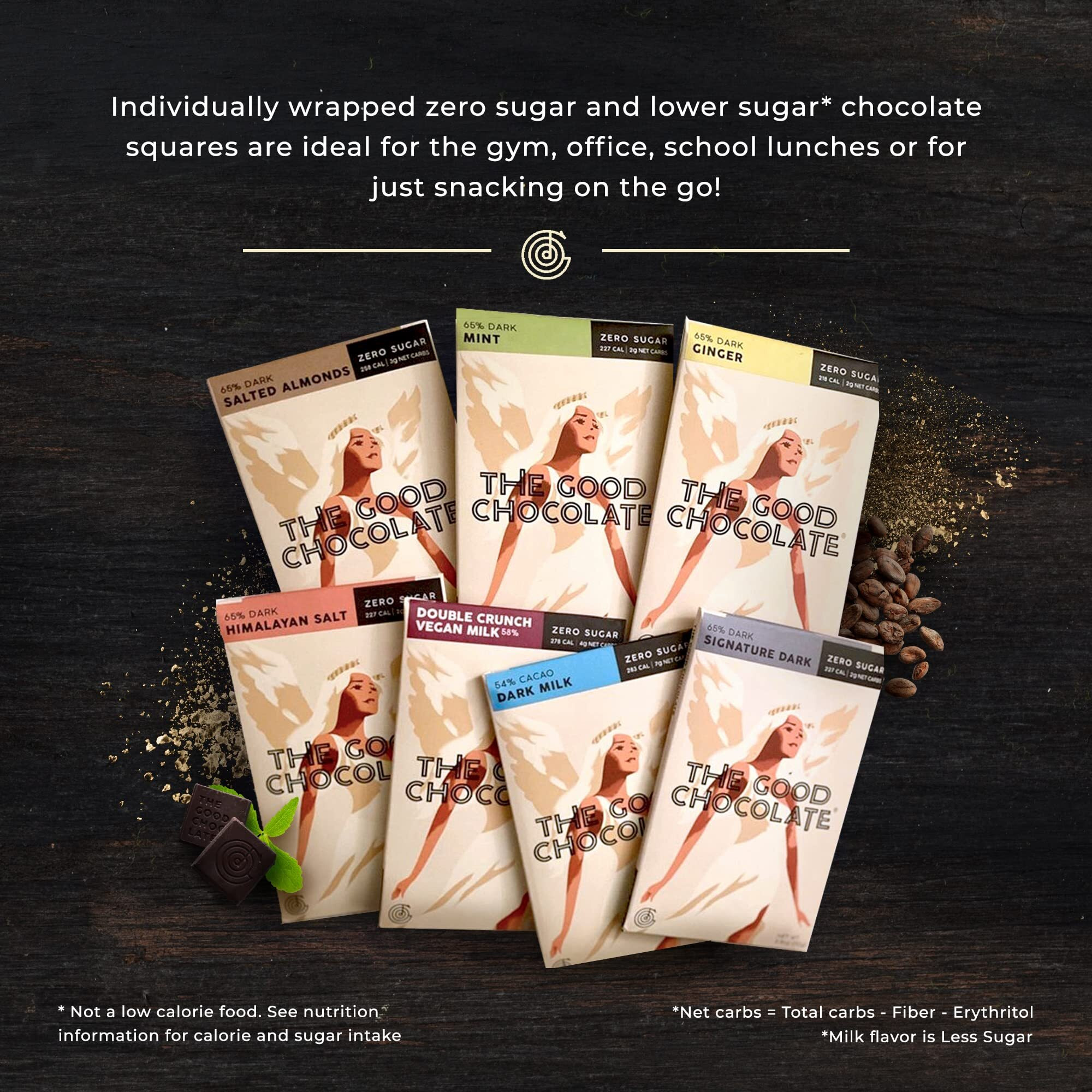 The Good Chocolate - Keto Chocolate Variety Pack, Zero Sugar, Lower Net Carb Snack, Lower Calorie Chocolate Candy Variety Pack, 6 Flavors, 6 Bar Value Pack