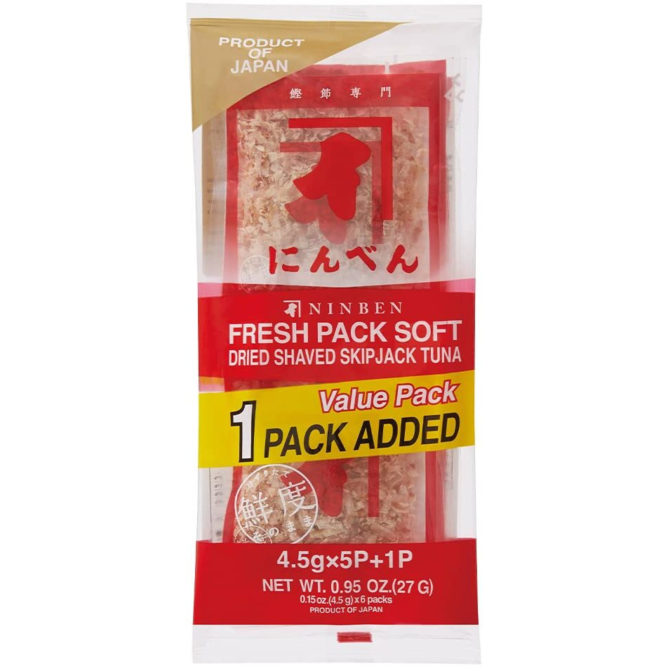 [Ninben] Authentic Dried Bonito Flakes (Hana Katsuo ) Fresh Pack | Japanese Katsuobushi () | Fresh & Original Flavor | Dried Shaved Skipjack Tuna | Product Of Japan (0.95 Oz X 5 Packs + 1 Bonus Pack)