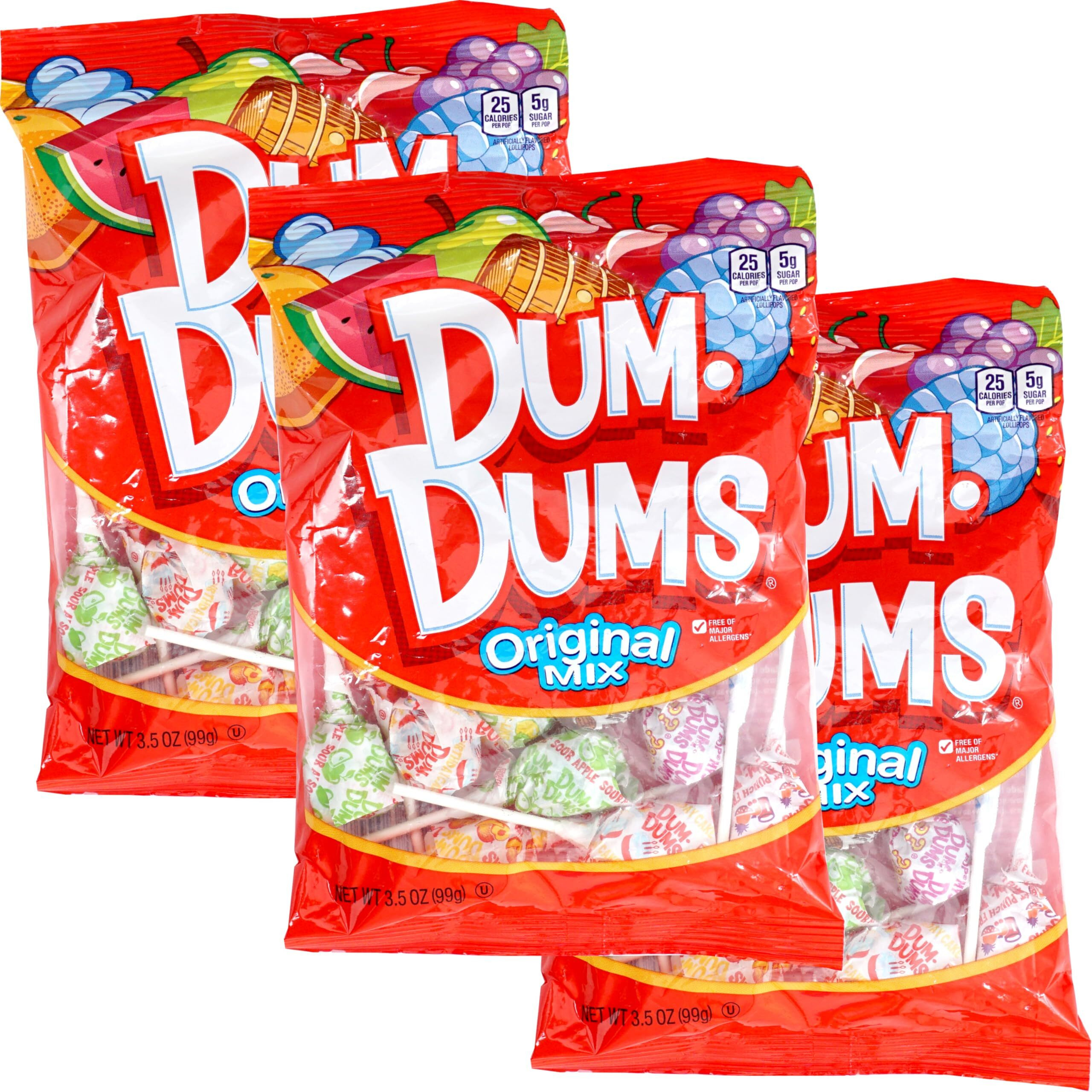 Dumdums Original Mix Lollipops, 3.5 Ounce Bags (Pack Of 3), Approx. 42 Lollipops Total (14 Lollipops Per Bag), Gluten Free Hard Candy, Assorted Flavors, Individually Wrapped Lollipops