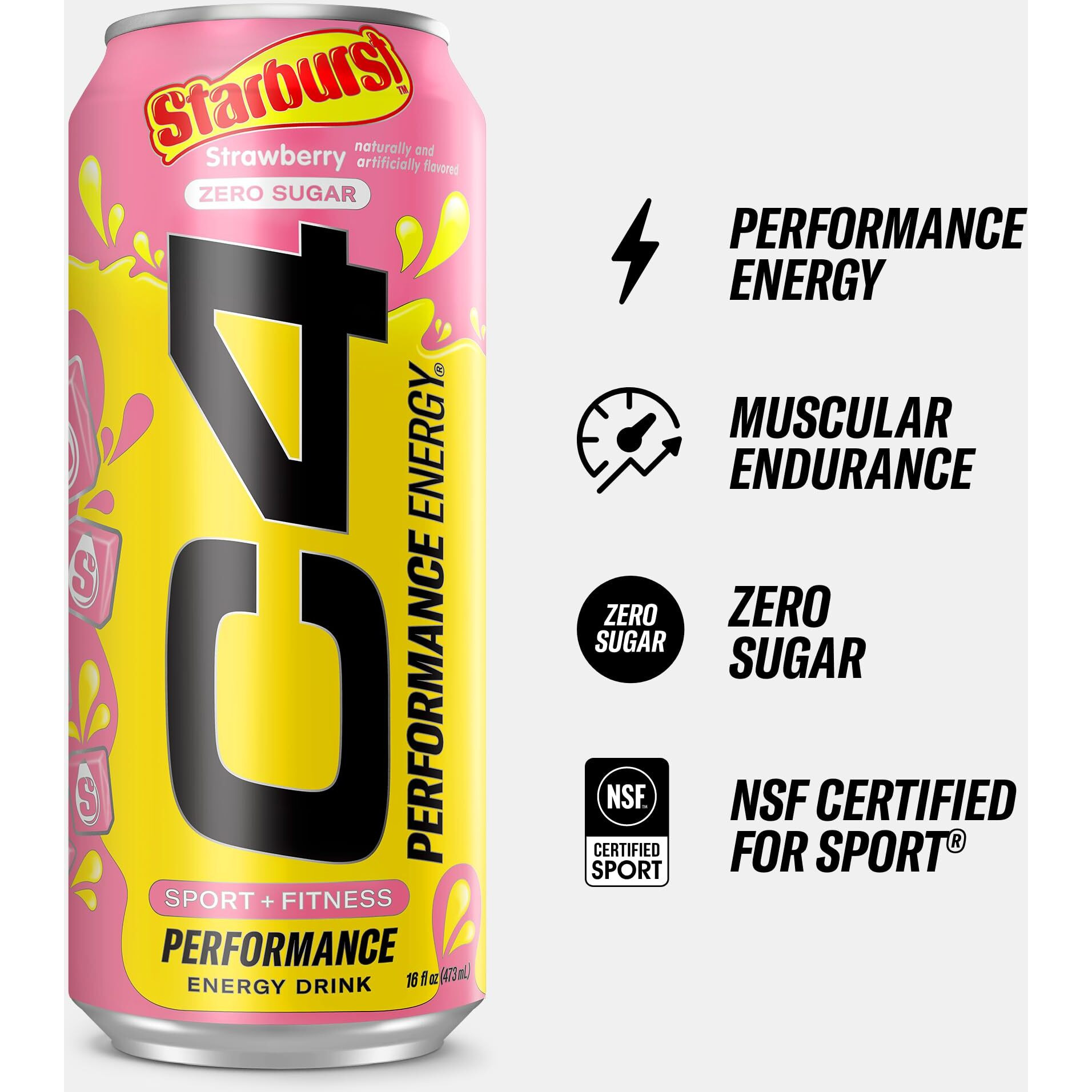 C4 Performance Energy Drink | Starbust Strawberry | Zero Sugar Carbonated Preworkout Energy | 200Mg Caffeine With Beta Alanine | 16 Fl Oz (12 Pack)