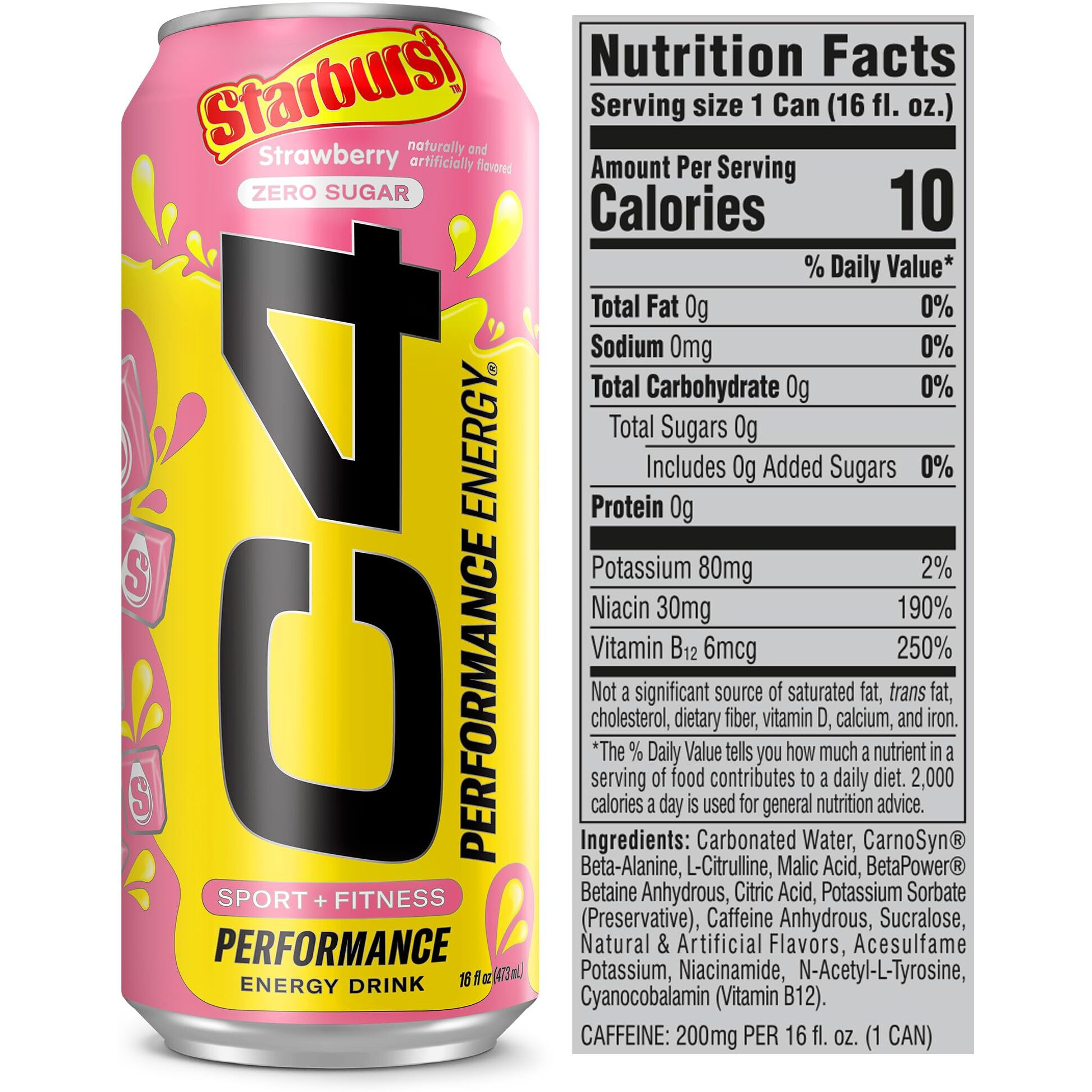 C4 Performance Energy Drink | Starbust Strawberry | Zero Sugar Carbonated Preworkout Energy | 200Mg Caffeine With Beta Alanine | 16 Fl Oz (12 Pack)