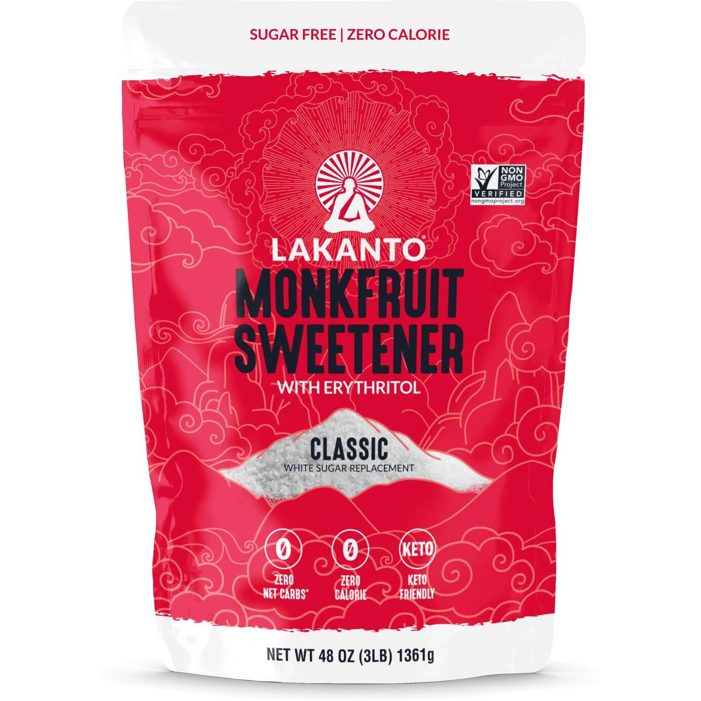 Lakanto Monk Fruit Sweetener With Erythritol, Cane Sugar Substitute From Monk Fruit Extract, Classic White Sugar Replacement For Baking, Coffee & Tea, Gluten Free, Low Carb, Non Gmo, Keto, 3 Lb Bag