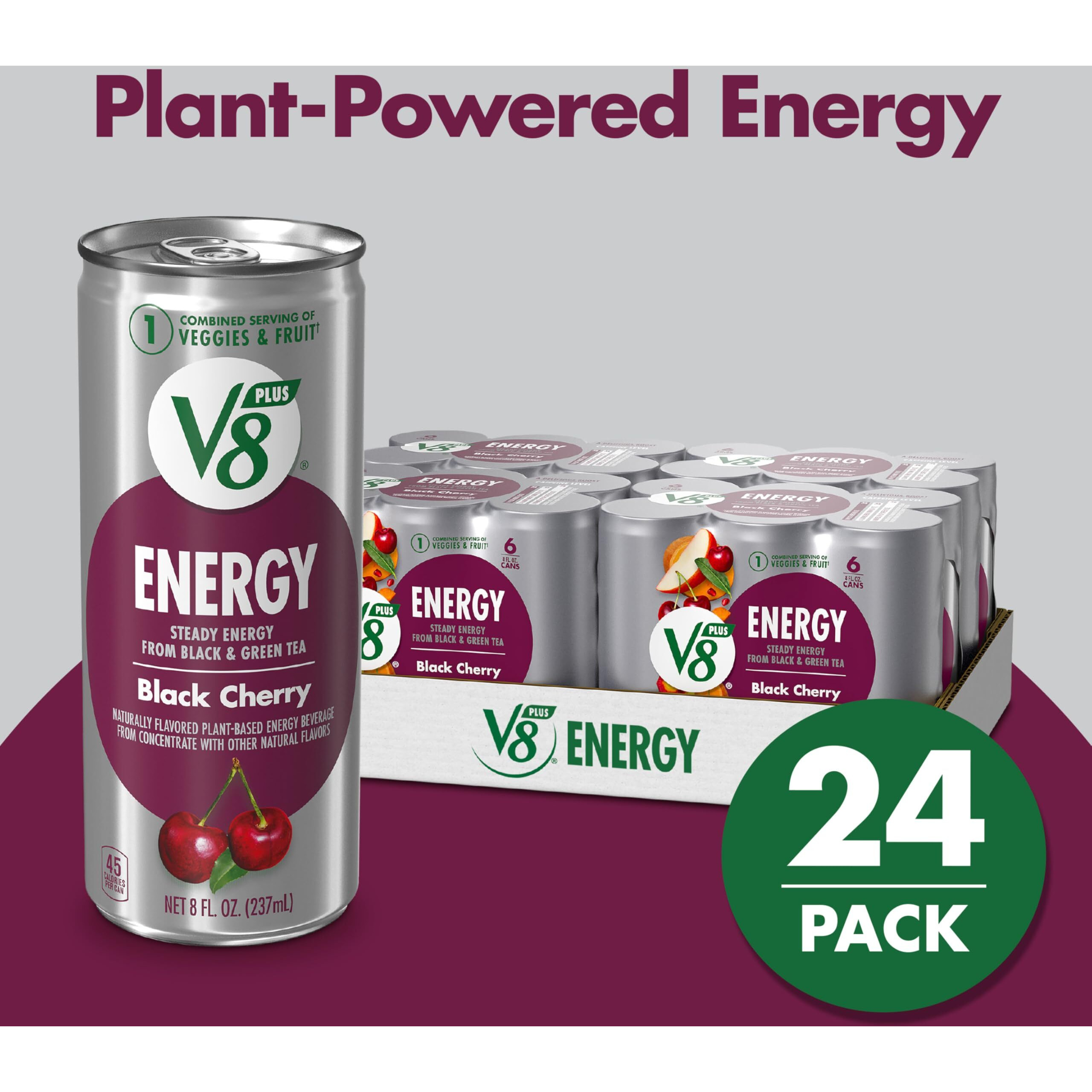 V8 +Energy Black Cherry Juice Energy Drink, 8 Fl Oz Can (24 Pack)