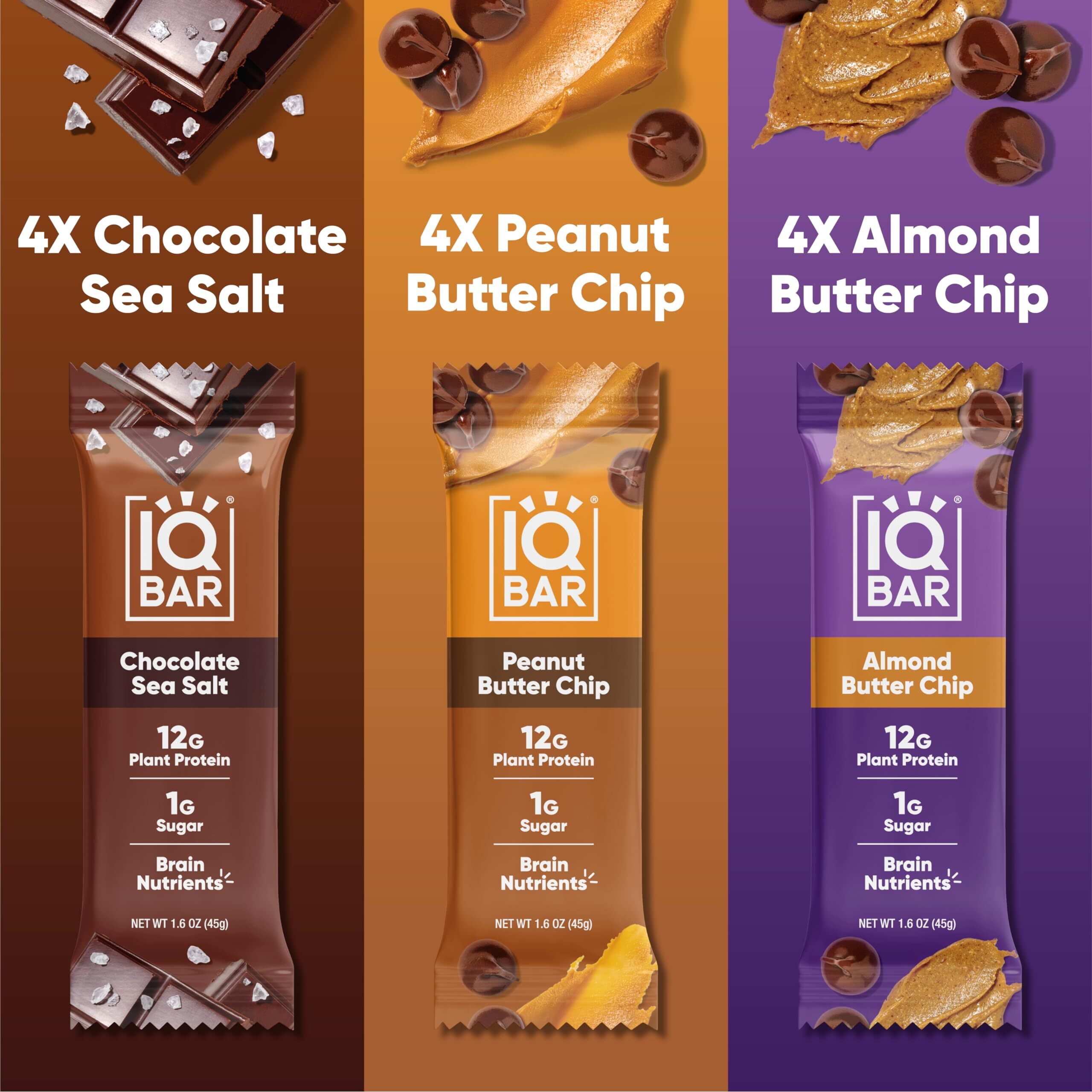Iqbar Brain And Body Plant Protein Bars - Chocolate Lovers Variety - 12 Count, Low Carb, High Fiber, Gluten Free, Vegan Snacks - Low Sugar Keto Bars