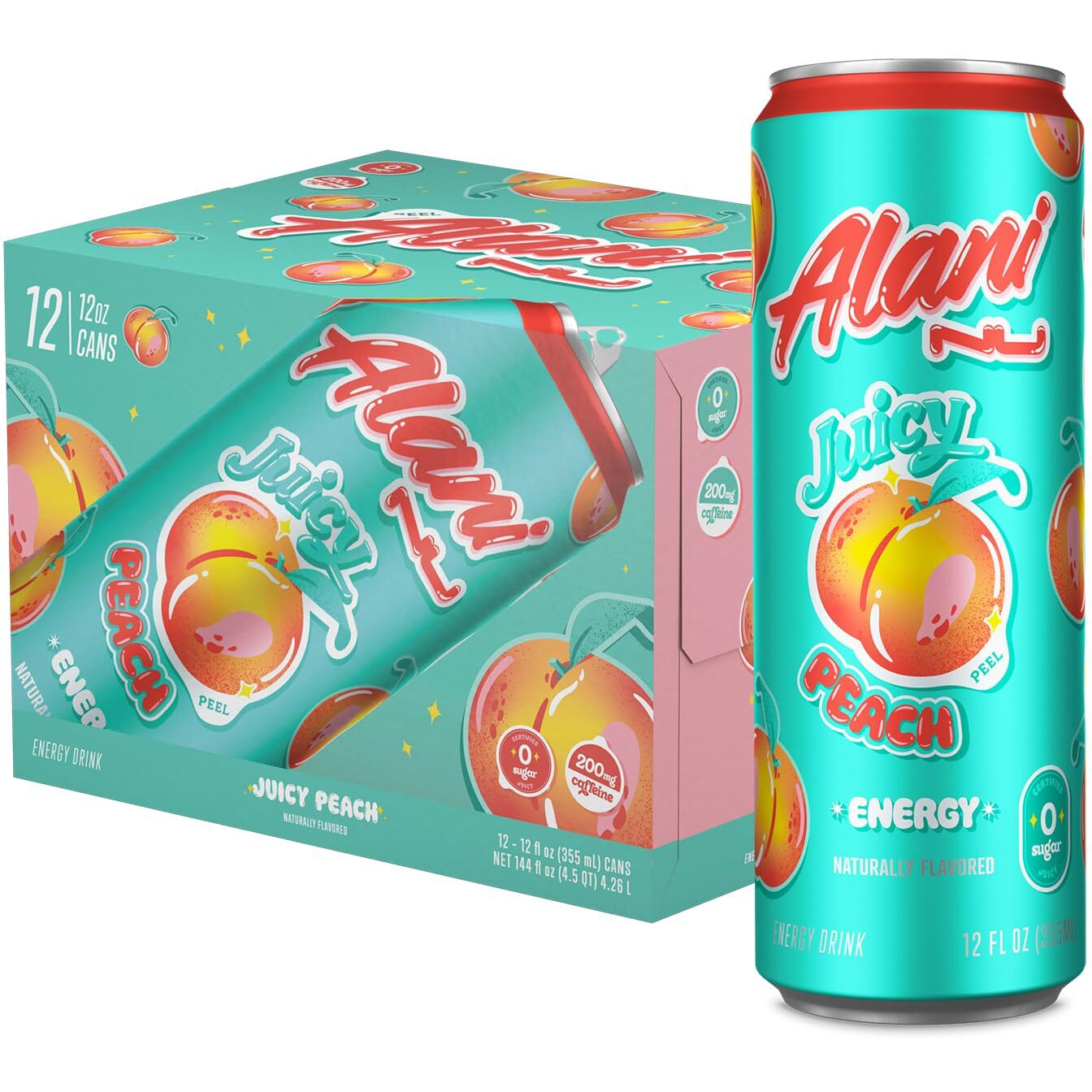 Alani Nu Juicy Peach Sugar Free, Low Calorie Energy Drinks | 200Mg Caffeine | Biotin B Vitamins | Zero Sugar | 10 Calories | 12 Fl Oz Cans | 12 Pack