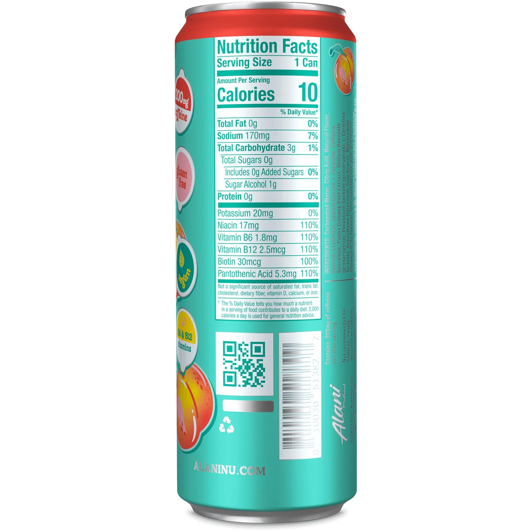 Alani Nu Juicy Peach Sugar Free, Low Calorie Energy Drinks | 200Mg Caffeine | Biotin B Vitamins | Zero Sugar | 10 Calories | 12 Fl Oz Cans | 12 Pack