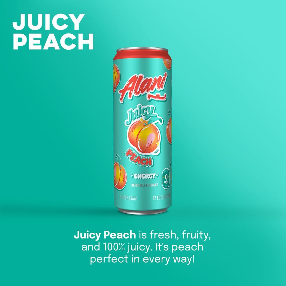 Alani Nu Juicy Peach Sugar Free, Low Calorie Energy Drinks | 200Mg Caffeine | Biotin B Vitamins | Zero Sugar | 10 Calories | 12 Fl Oz Cans | 12 Pack