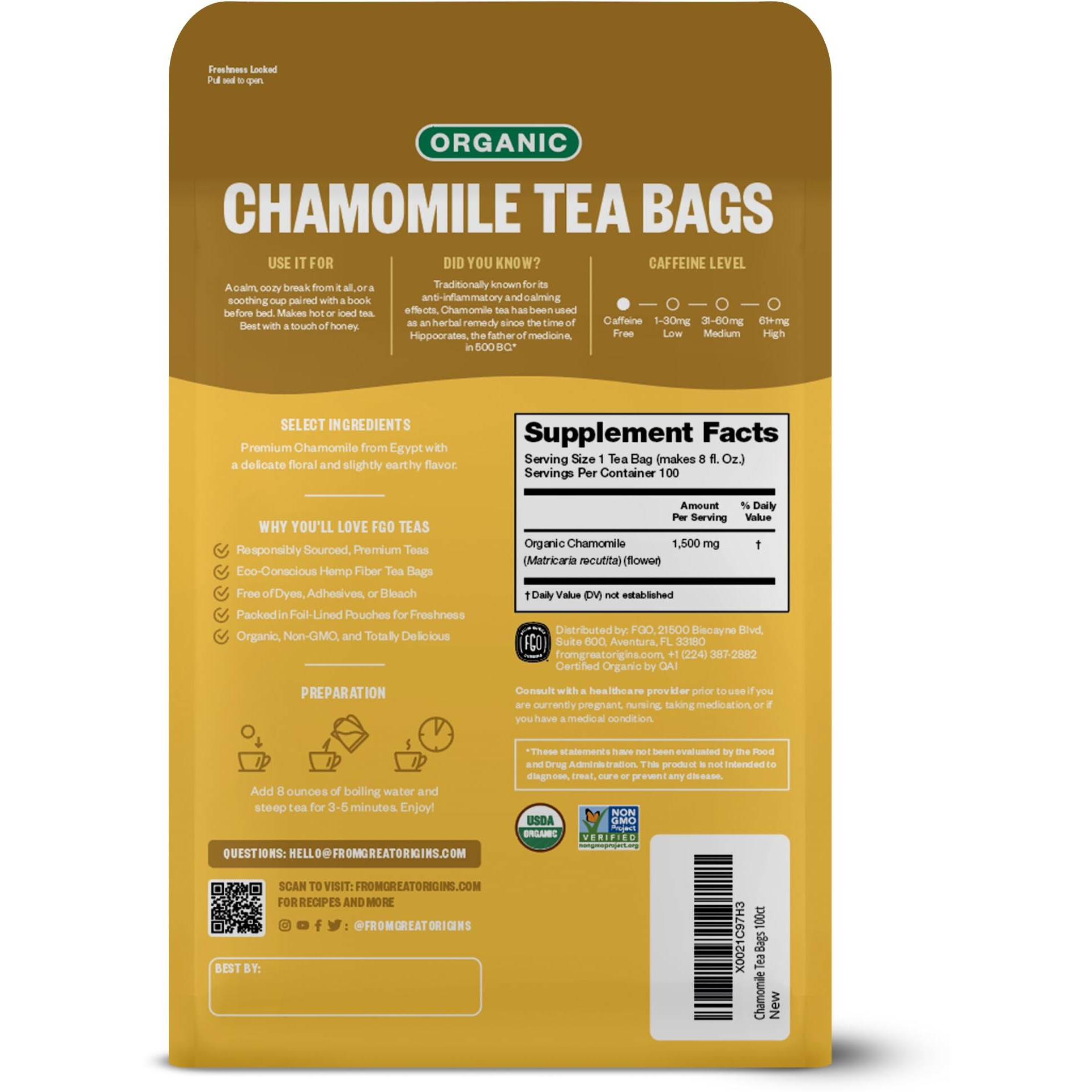 Fgo Organic Chamomile Tea, Eco-Conscious Tea Bags, 100 Count, Packaging May Vary (Pack Of 1)