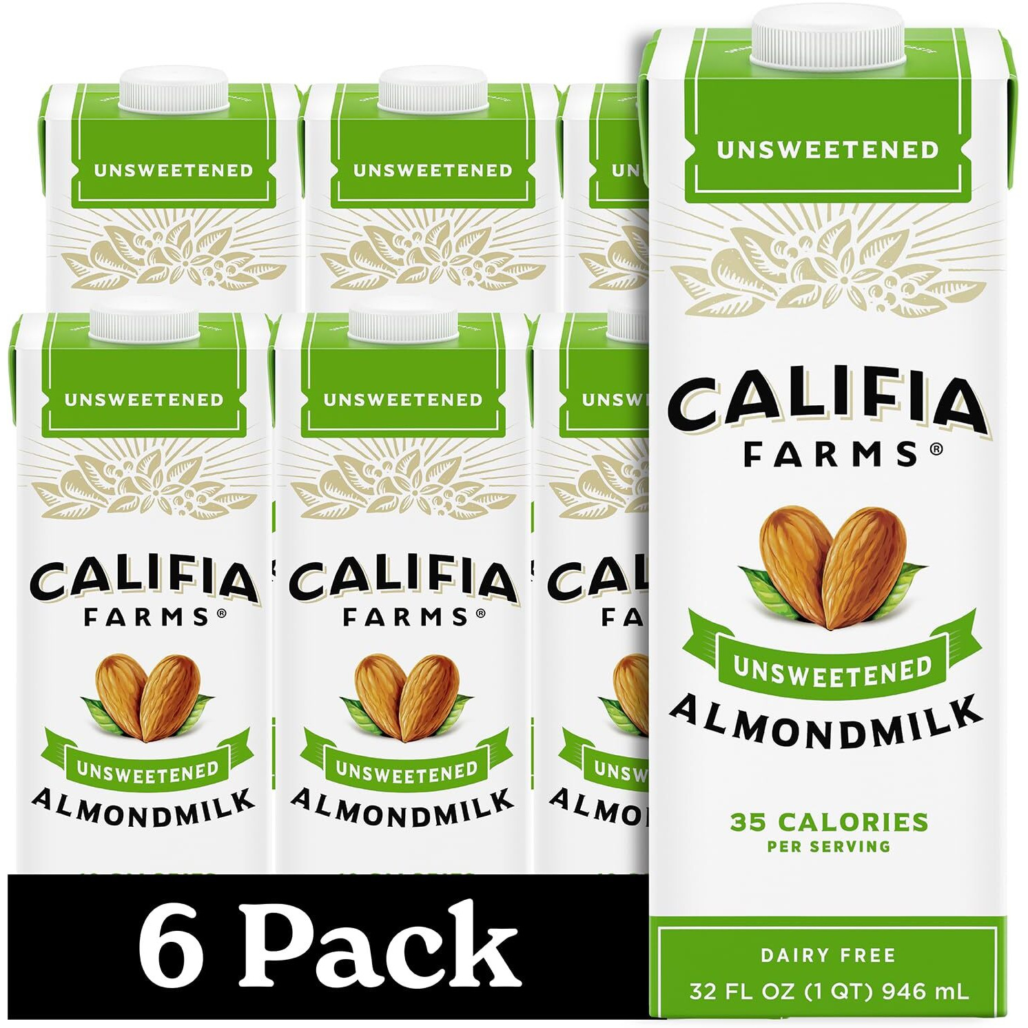 Califia Farms - Unsweetened Almond Milk, 32 Oz (Pack Of 6), Dairy Free, Vegan, Plant Based, Keto Food, Shelf Stable, Vegan, Gluten Free, Non Gmo, Sugar Free, High Calcium, Smoothie