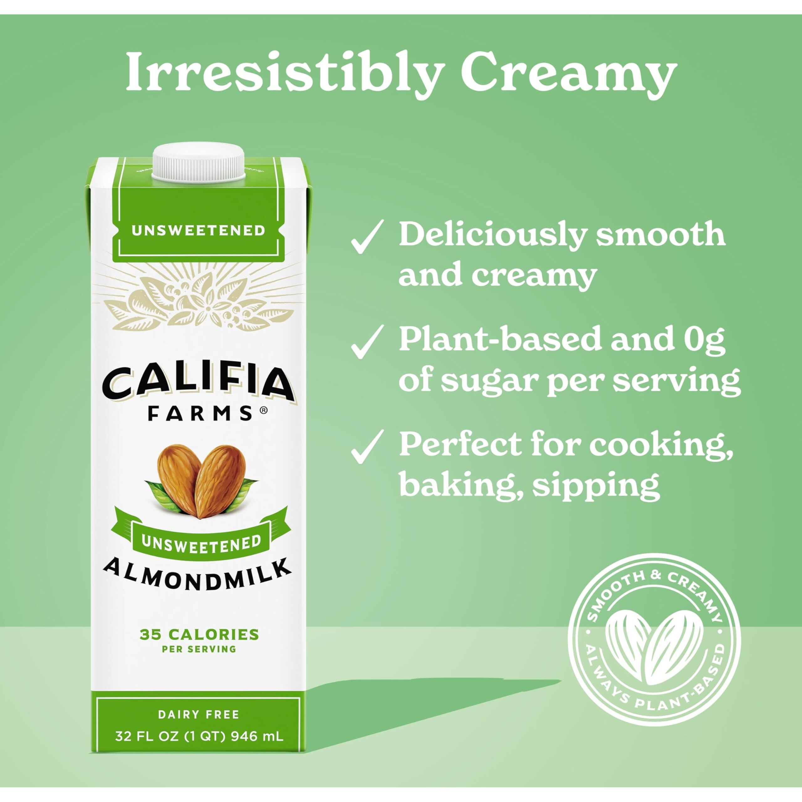 Califia Farms - Unsweetened Almond Milk, 32 Oz (Pack Of 6), Dairy Free, Vegan, Plant Based, Keto Food, Shelf Stable, Vegan, Gluten Free, Non Gmo, Sugar Free, High Calcium, Smoothie